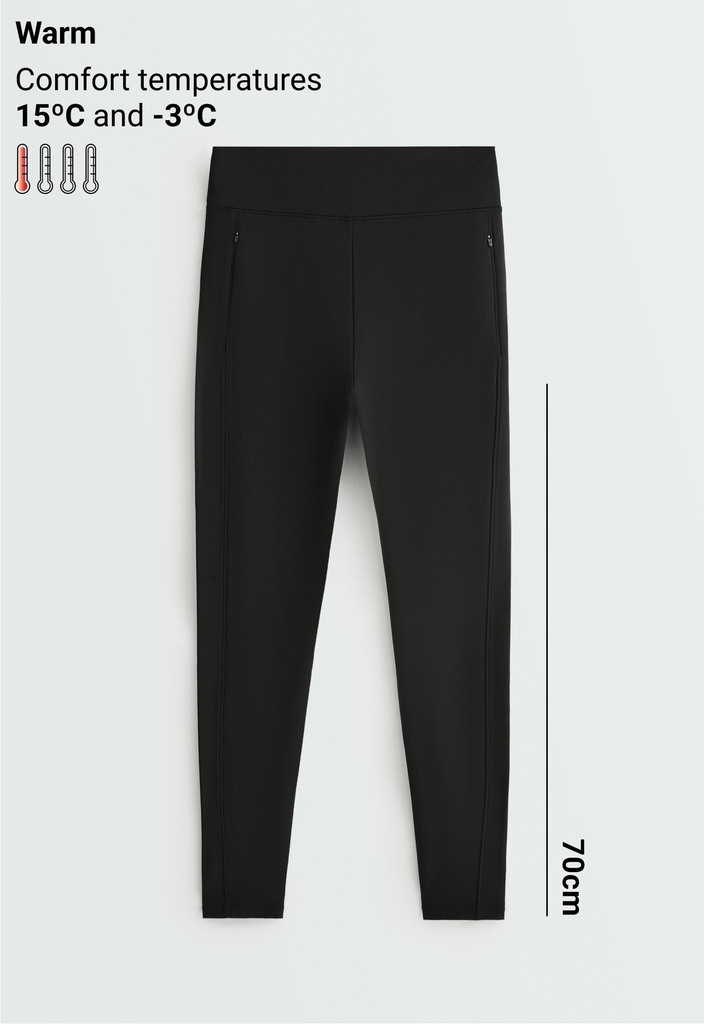 Front view of black high-waisted leggings with front zippered pockets and a double side-rib detail on the legs.