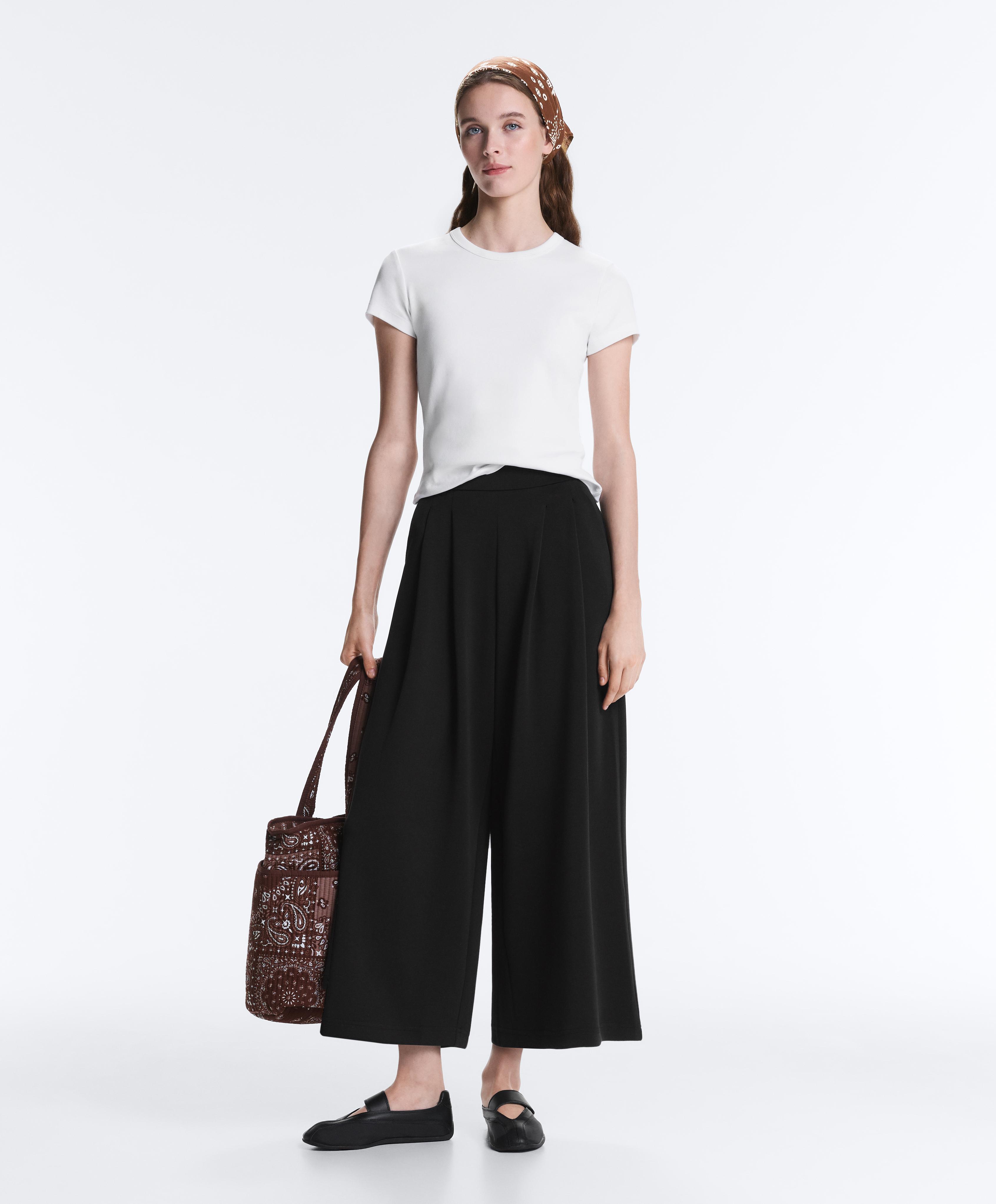Soft-touch wide-leg crop trousers with modal and pleats — BLACK