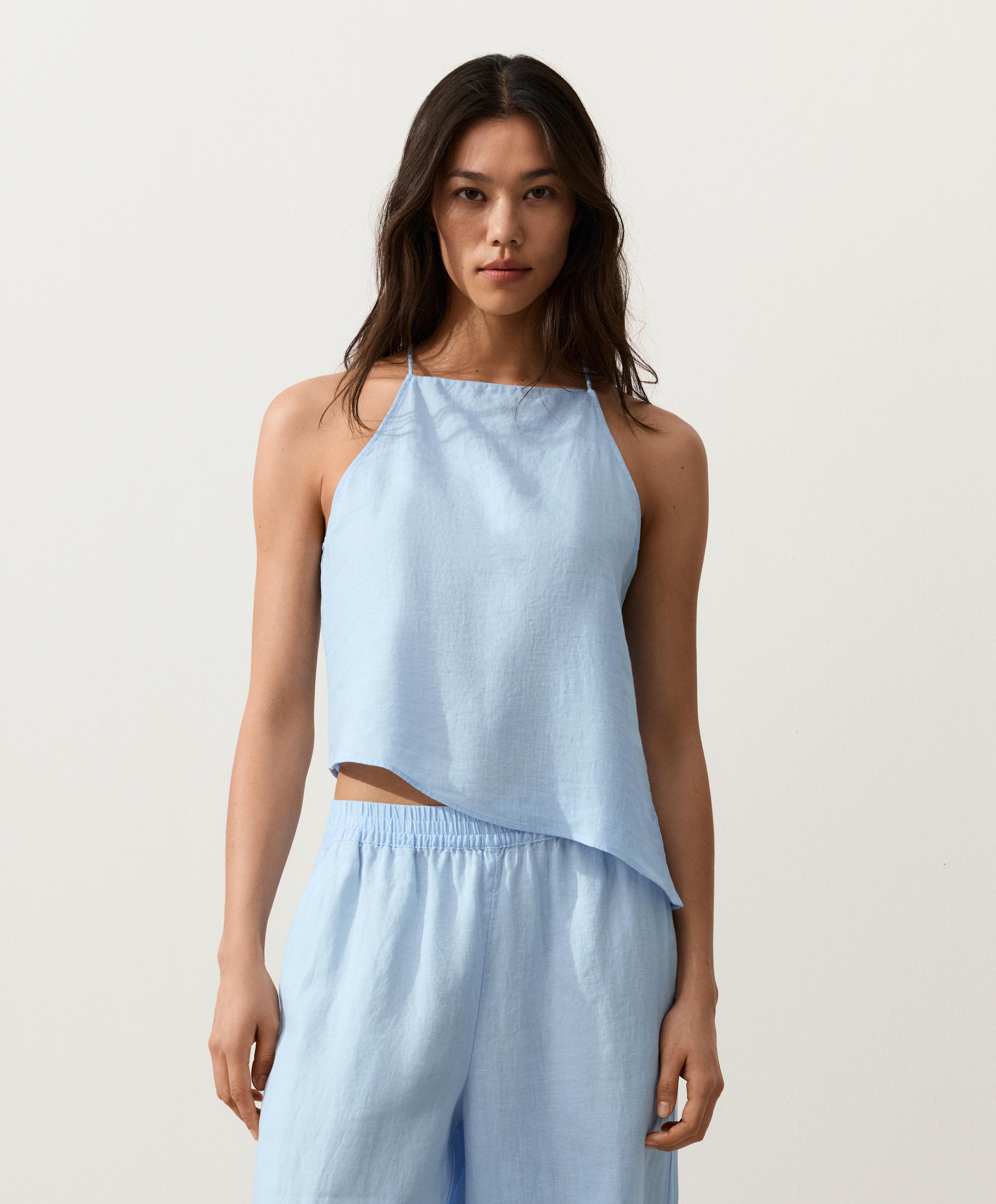 Asymmetric 100% linen sleeveless top — SKY BLUE