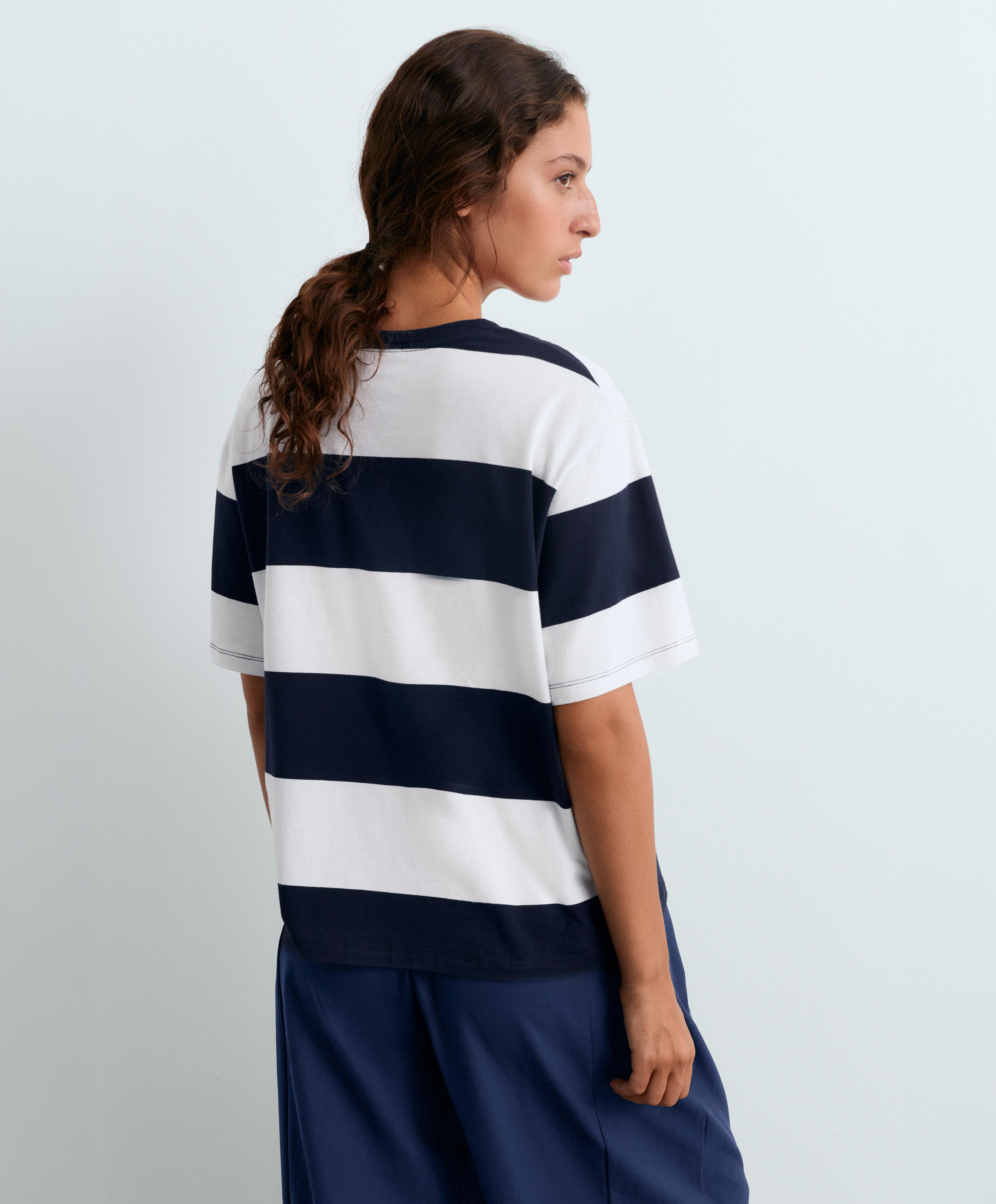 Boxy cotton-blend T-shirt with wide stripes — NAVY BLUE
