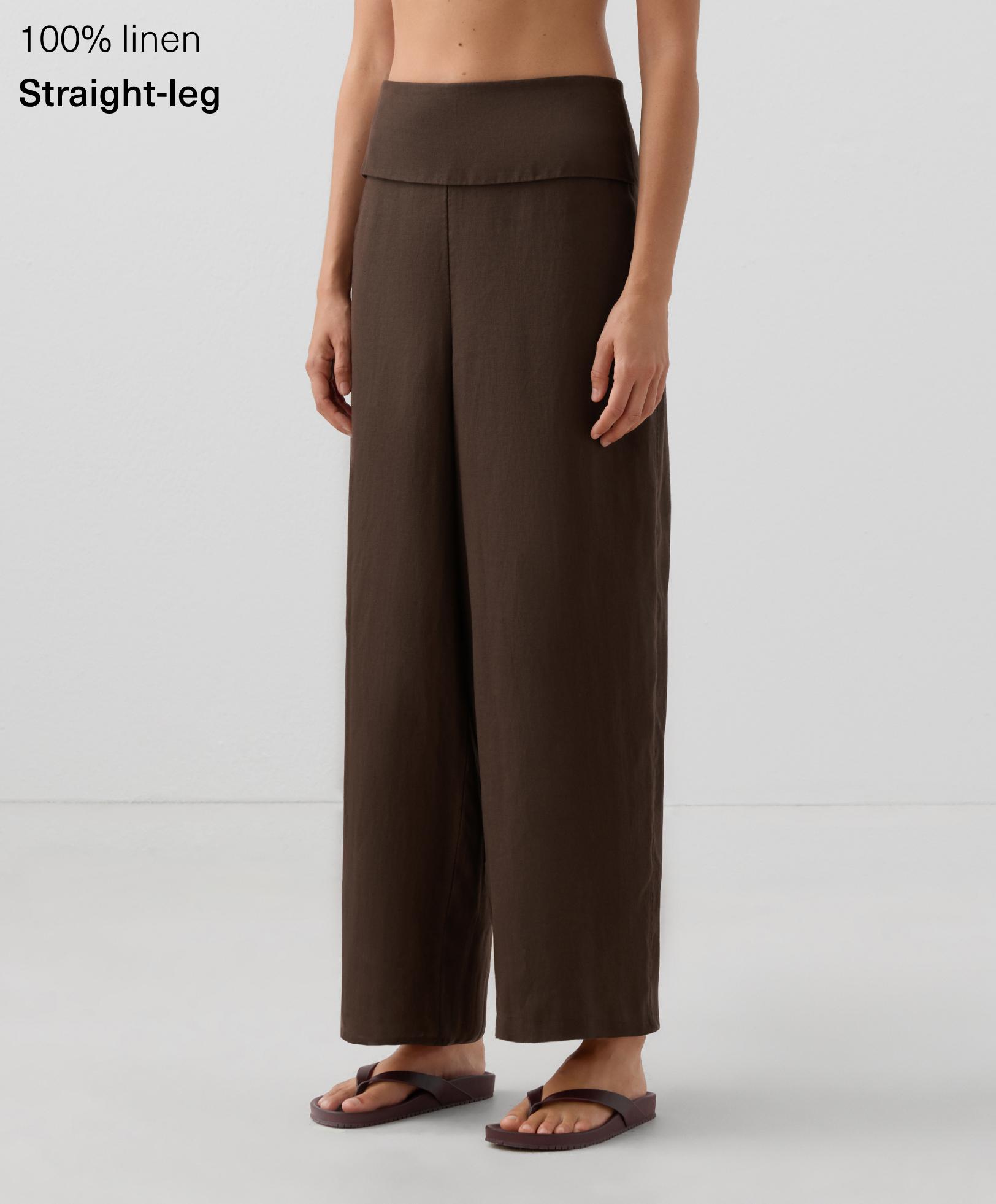 100% linen straight-leg trousers with folded waistband - Sale