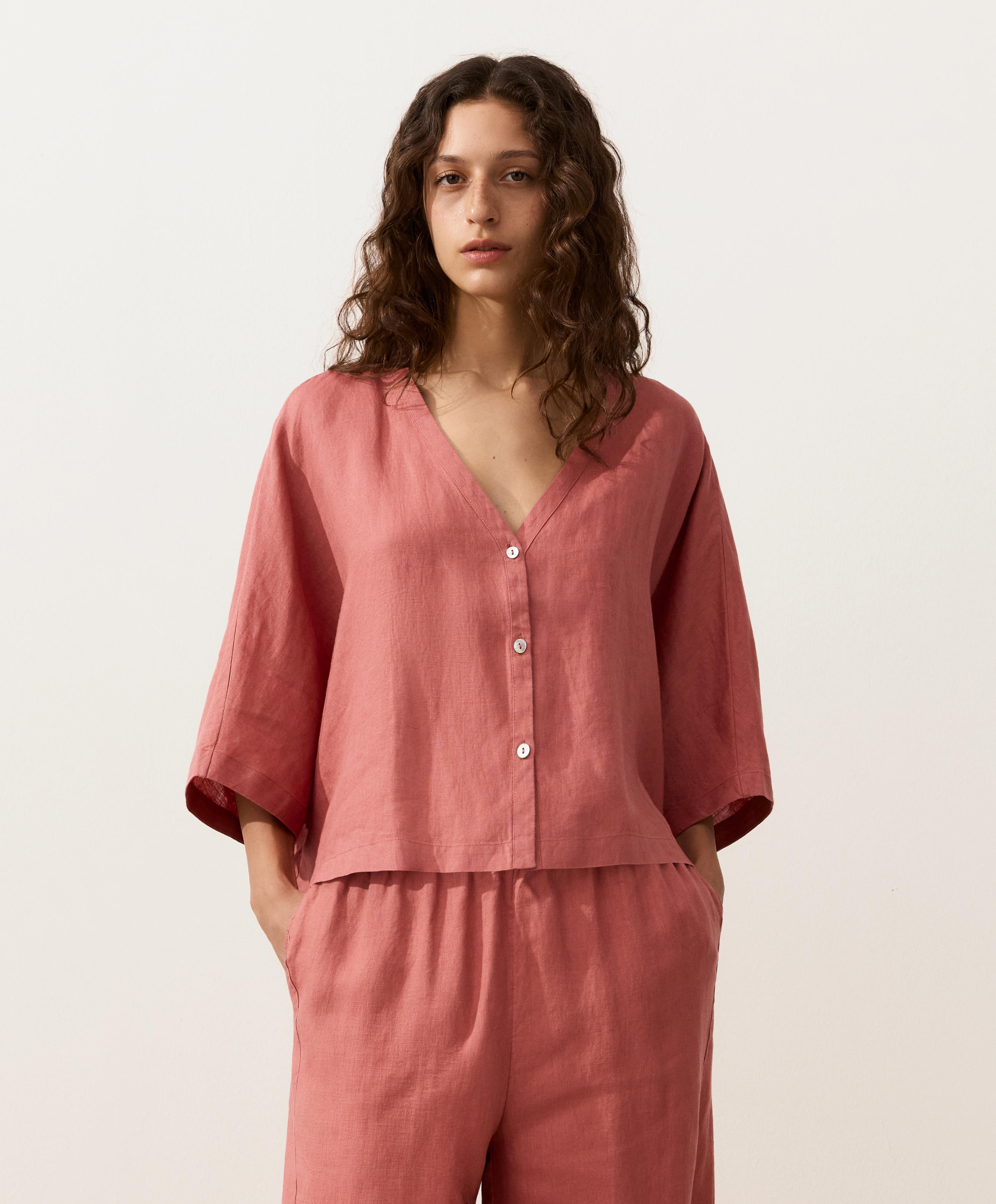 100% linen short-sleeve shirt — CORAL
