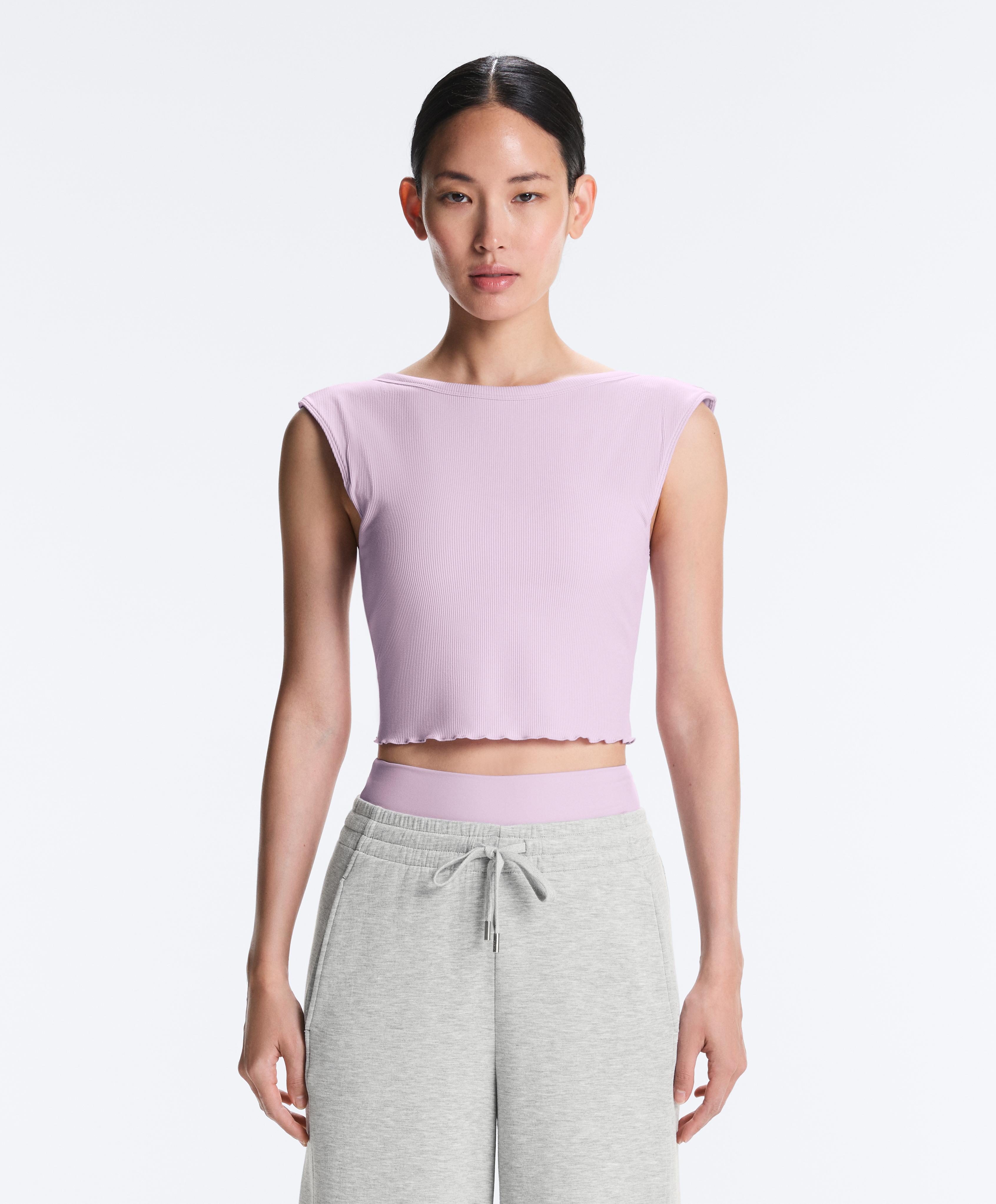Rib modal blend short sleeve tank top with curling detail — LILAC