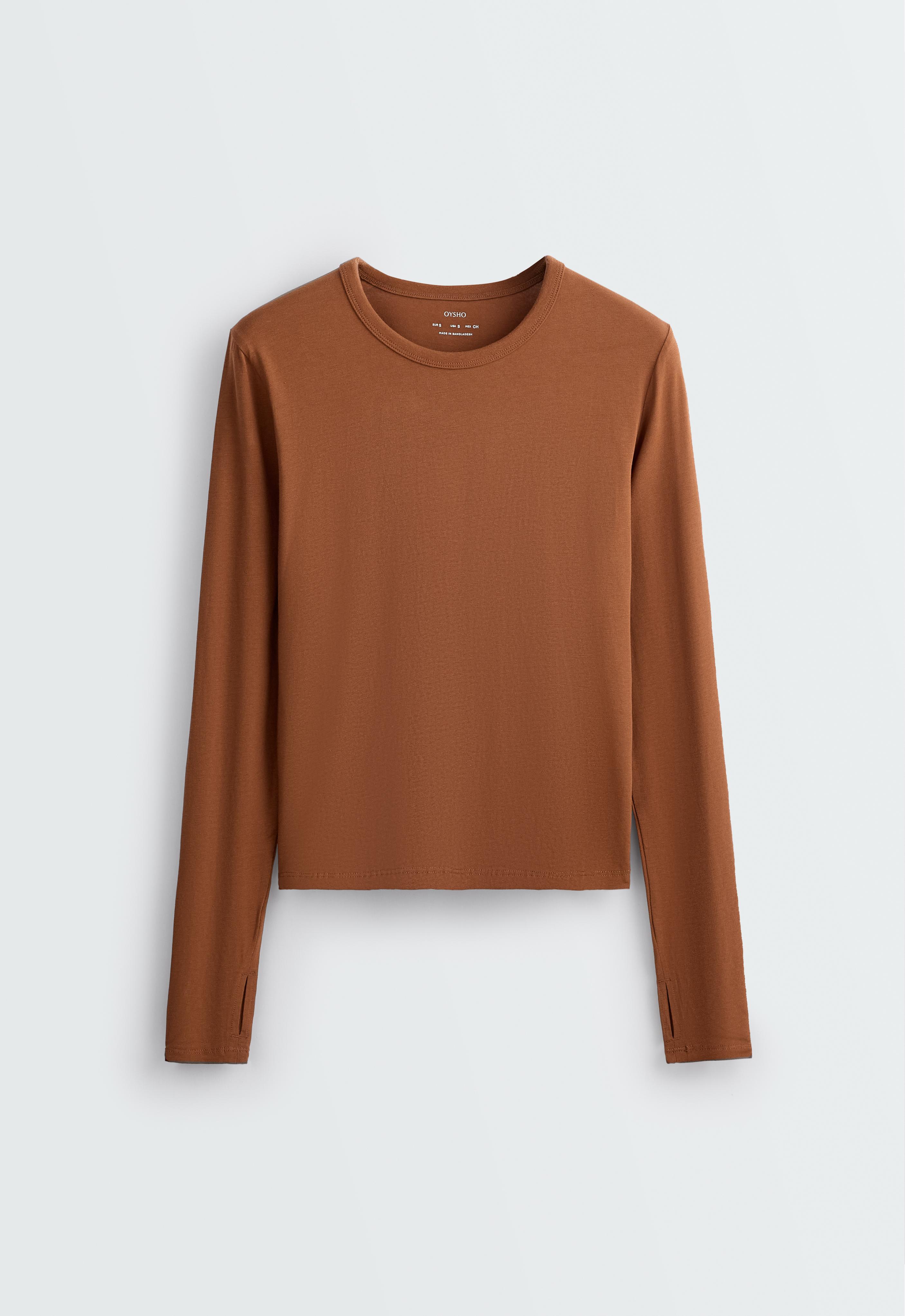 Cotton blend long-sleeved T-shirt — DARK CAMEL