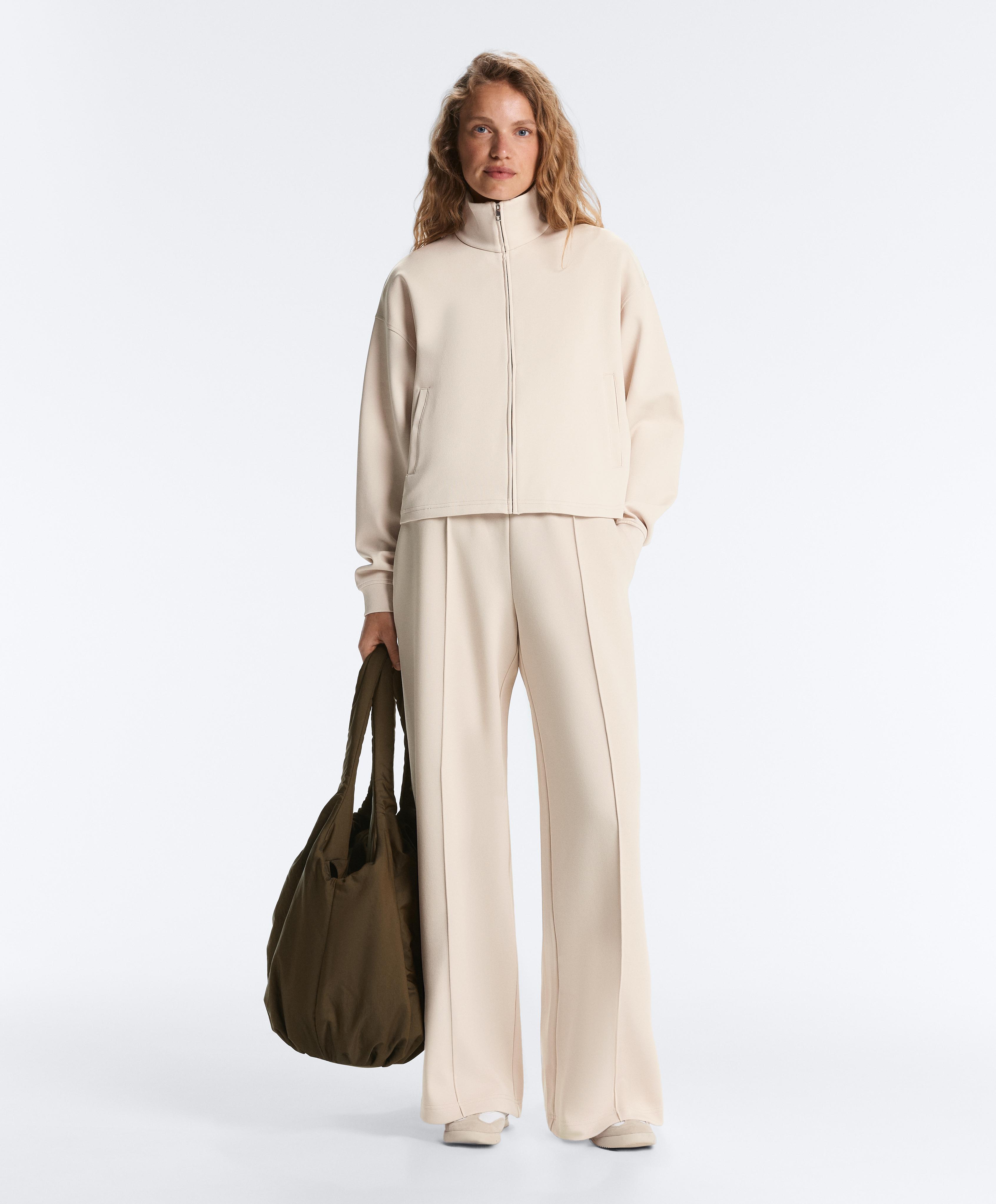 High collar pique jacket with cotton — PALE BEIGE