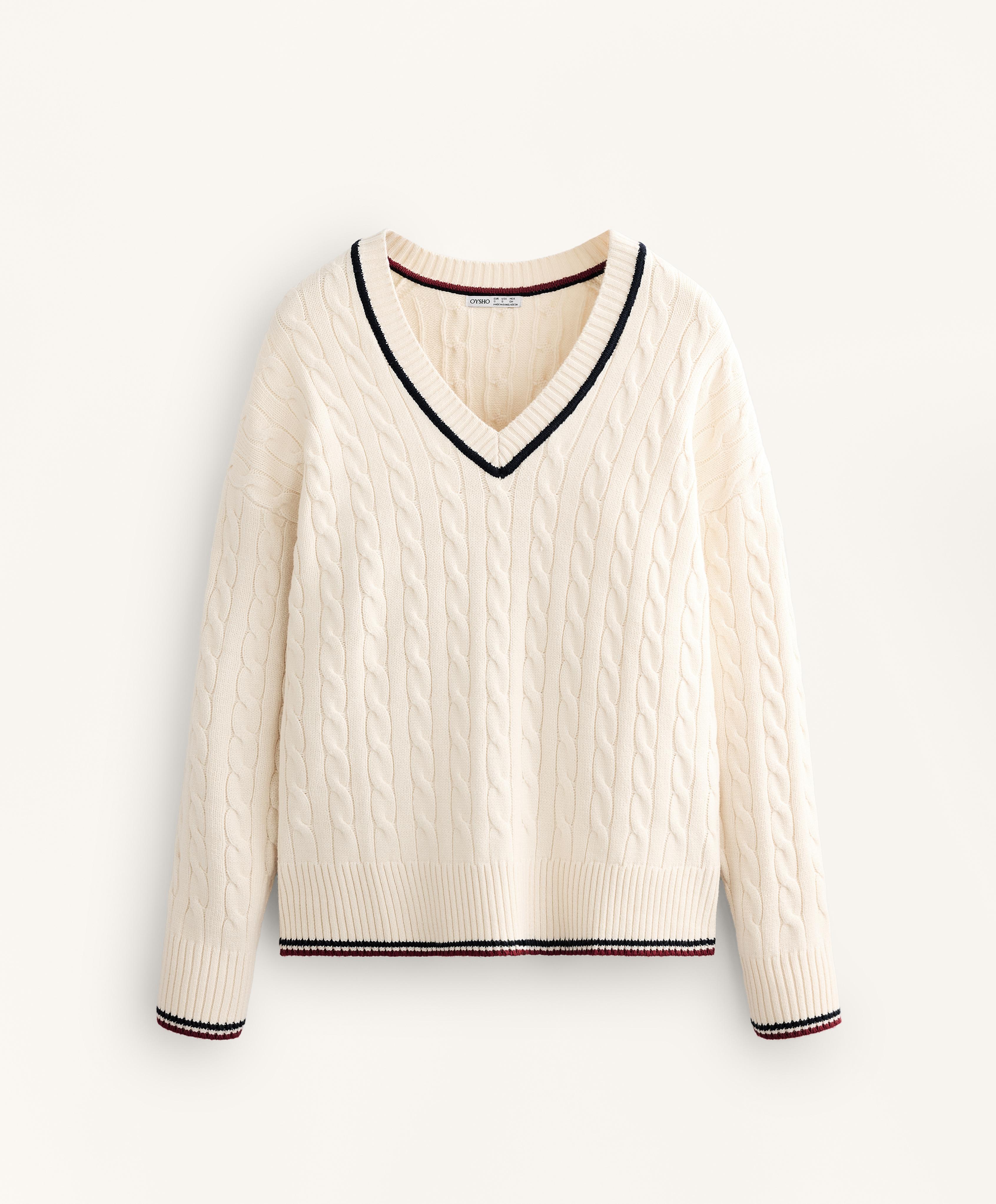 V-neck mini cable knit jumper — ECRU