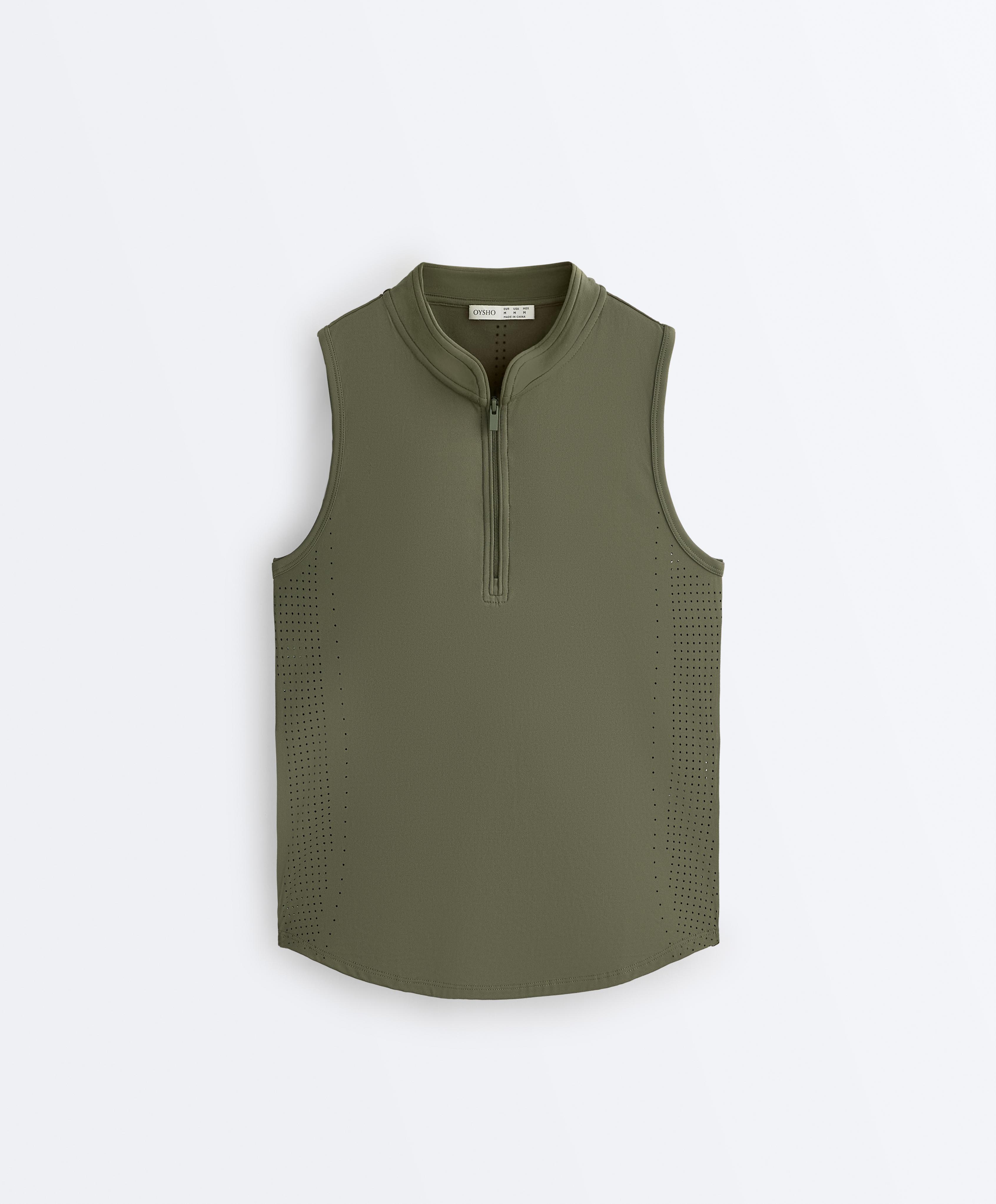 Technical sleeveless T-shirt with half zip — KHAKI