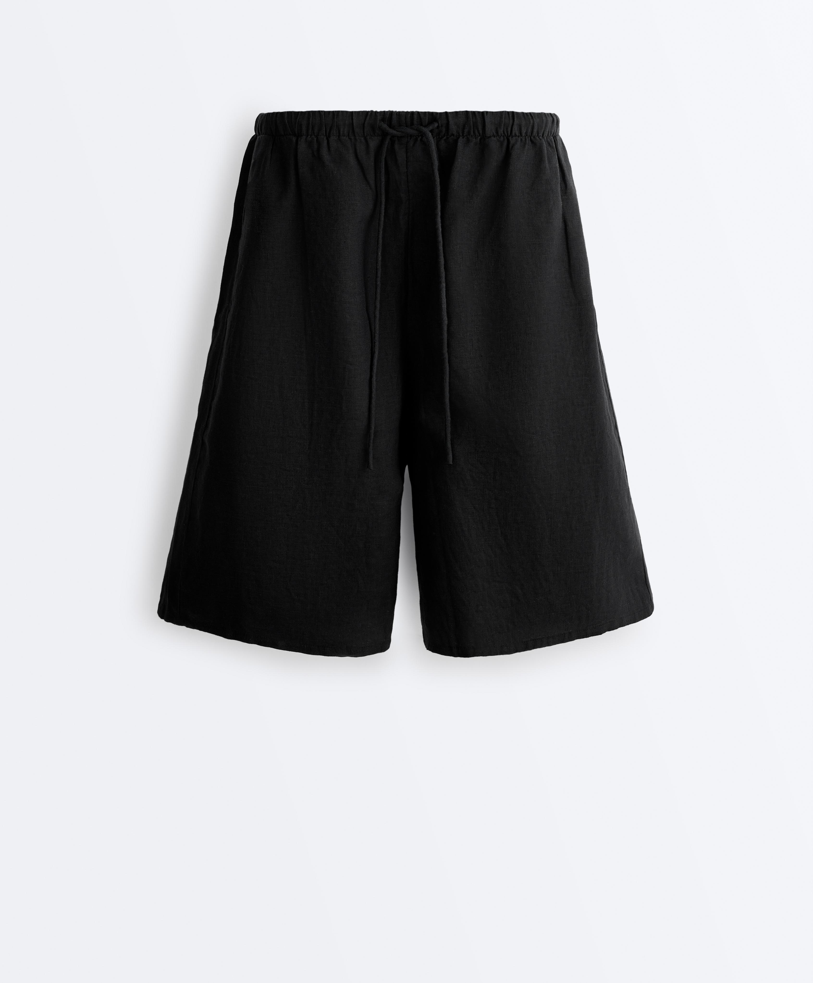 100% linen midi Bermuda shorts — BLACK