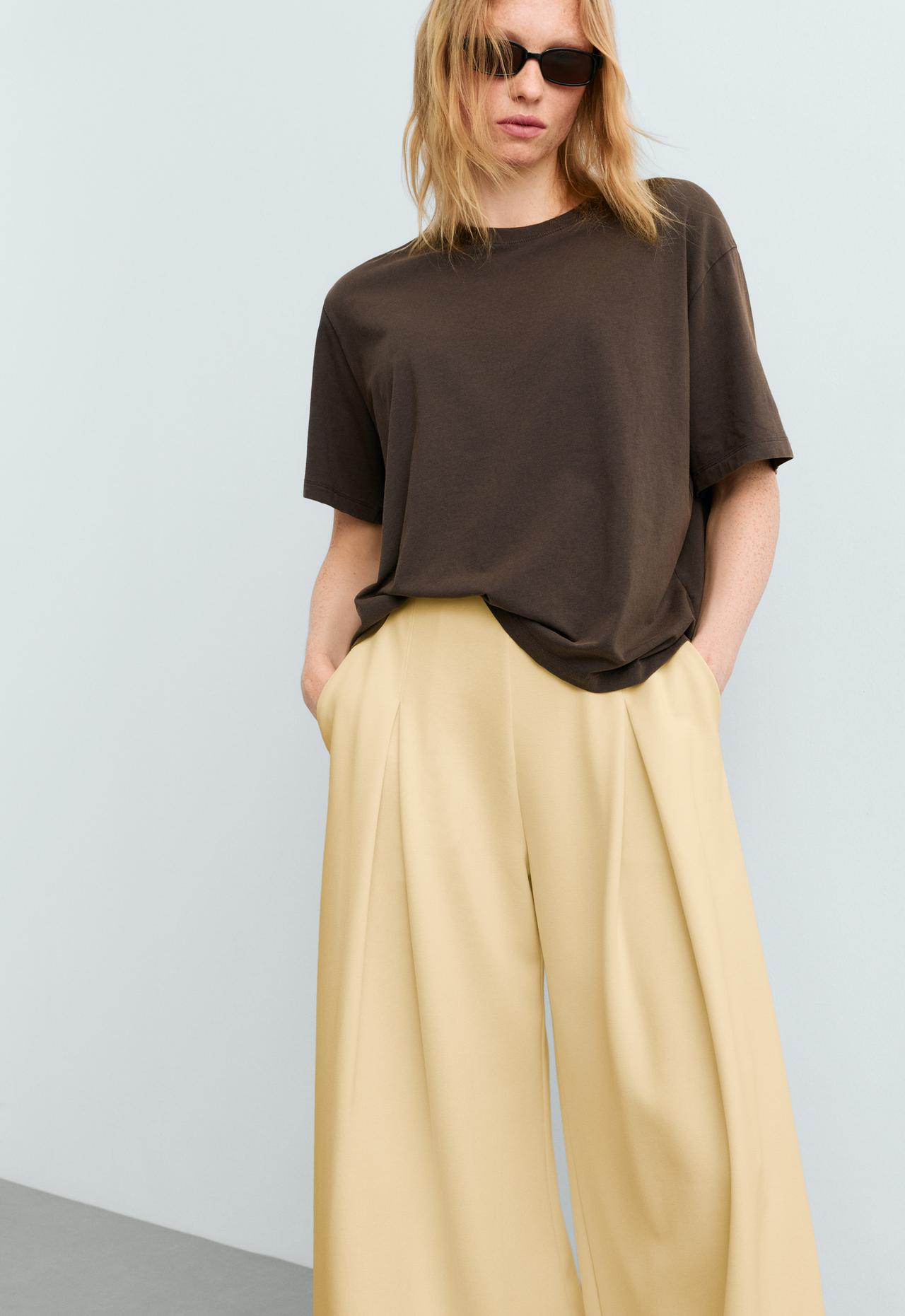 Wide-leg pique trousers with cotton — PALE YELLOW