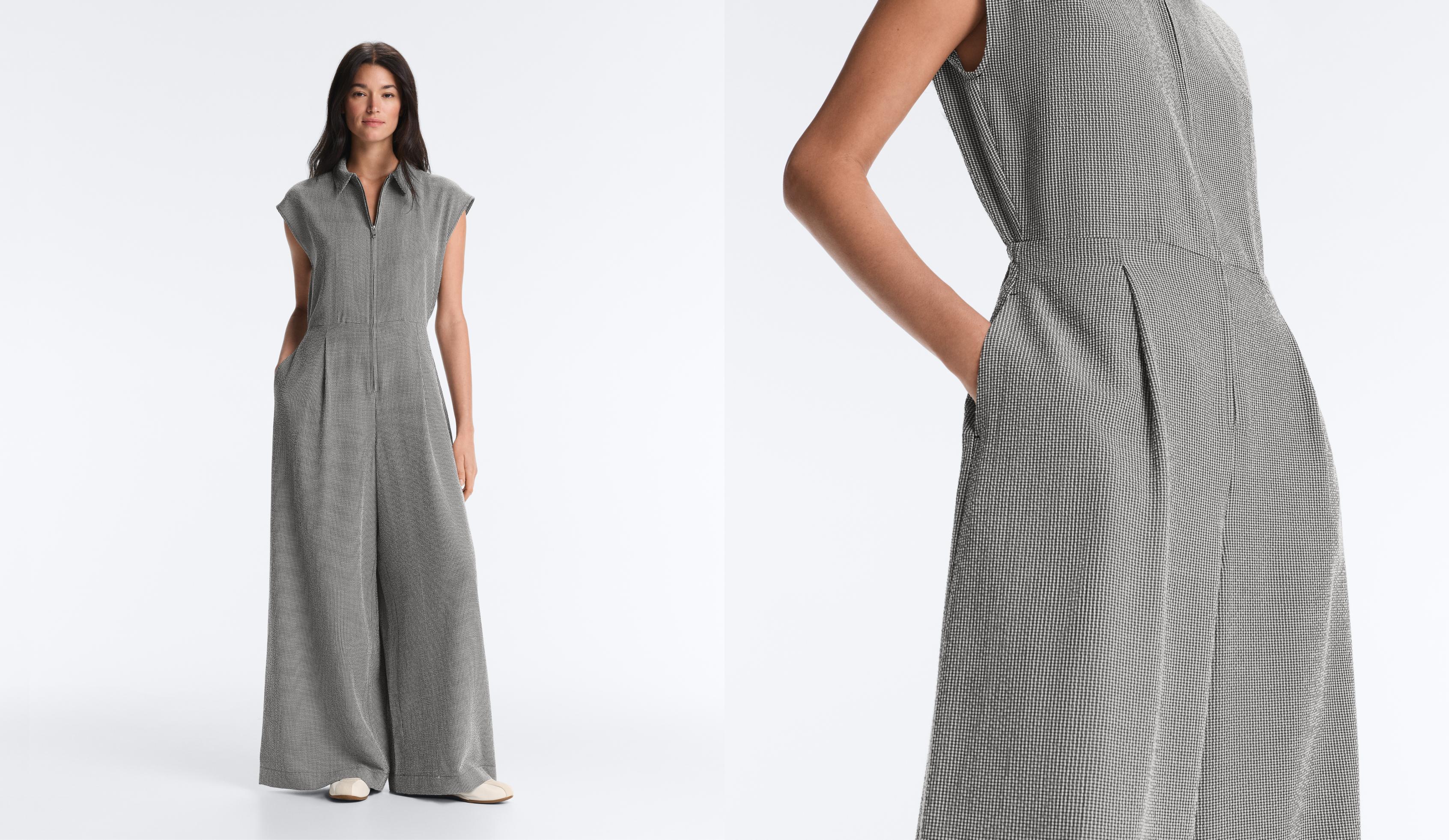 Long gingham jumpsuit with lapel collar and lyocell blend — DUSTY BLACK