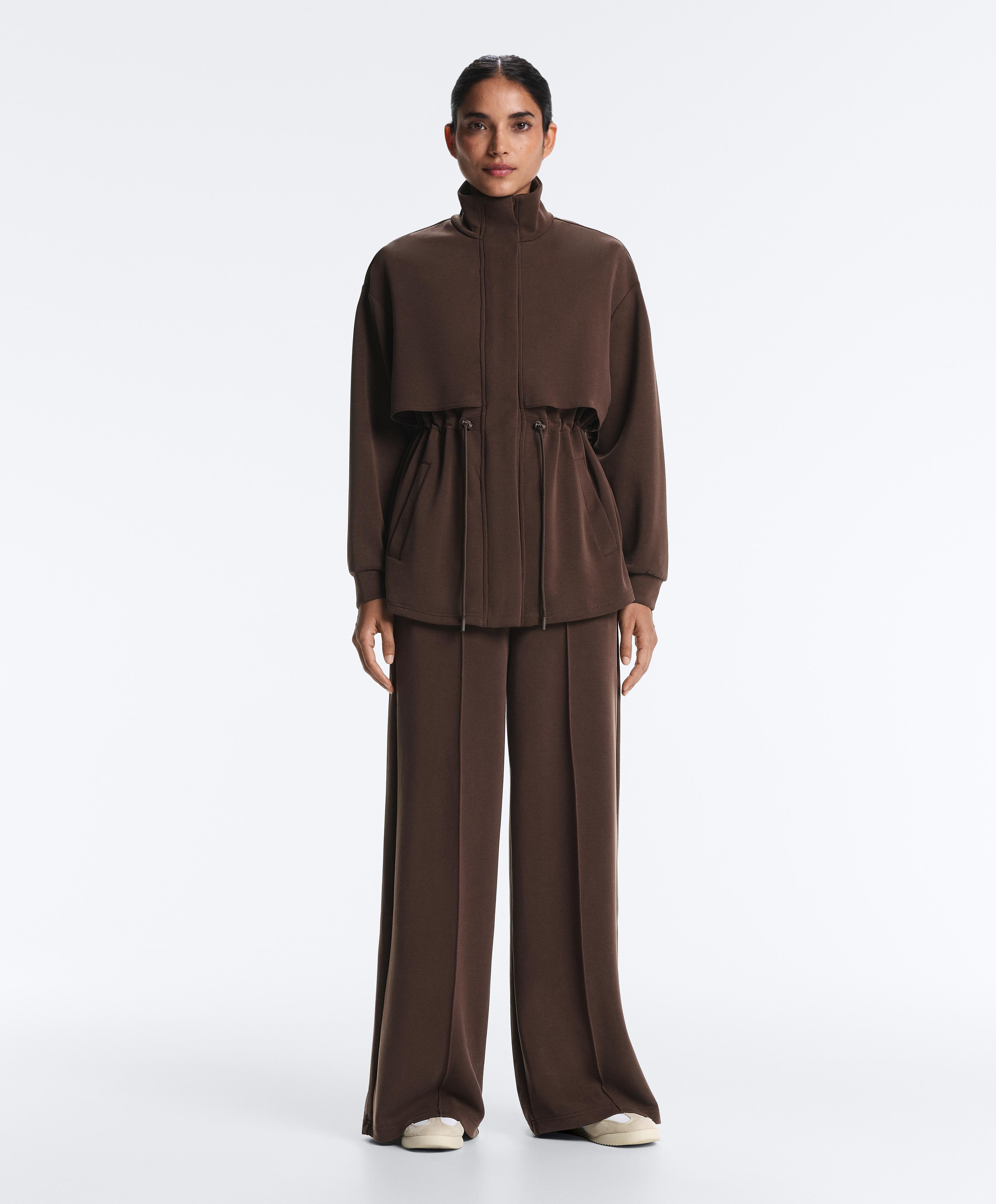 Long soft-touch jacket with modal and pockets — BROWN