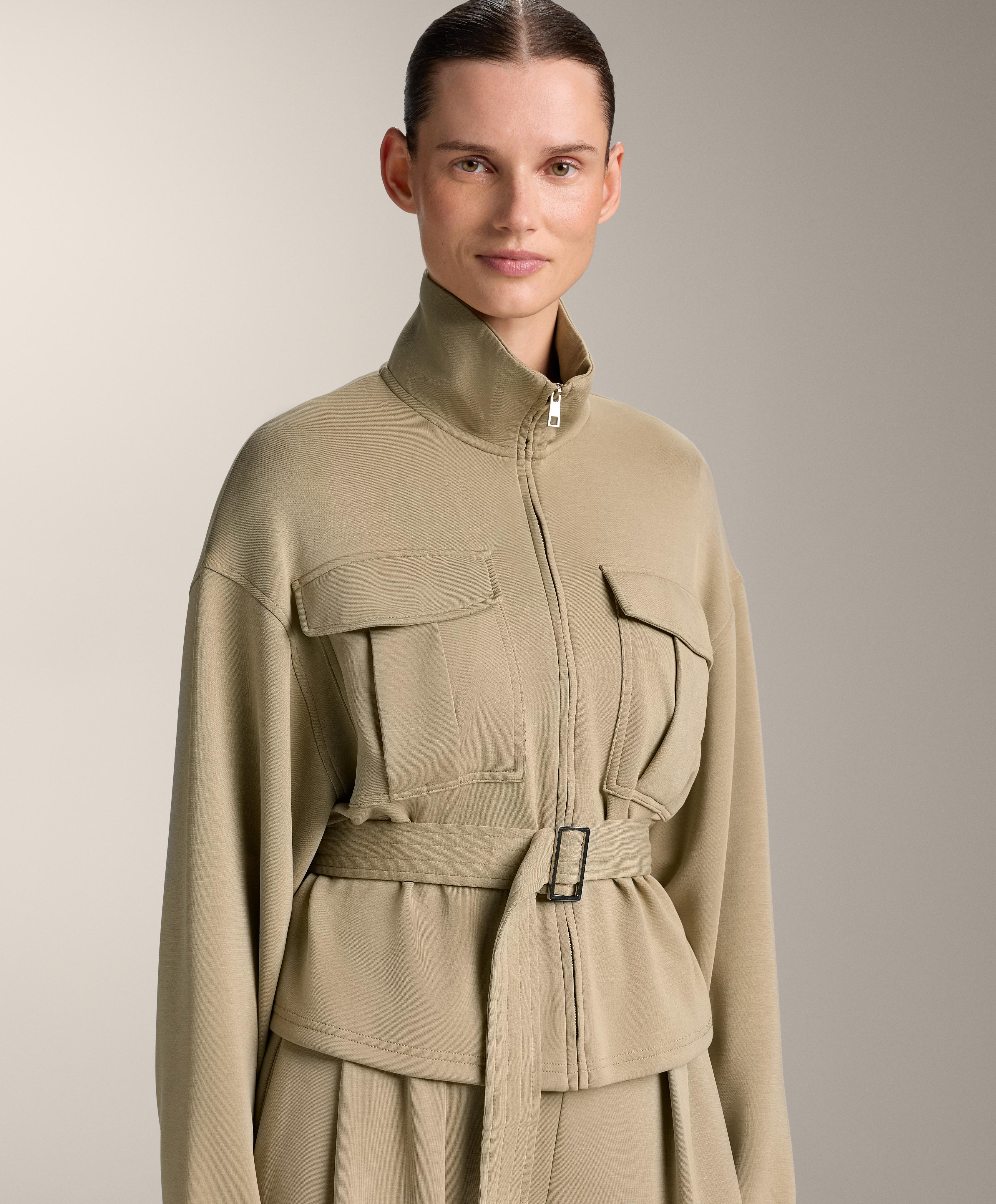 Soft-touch belted jacket with modal — GREEN BEIGE