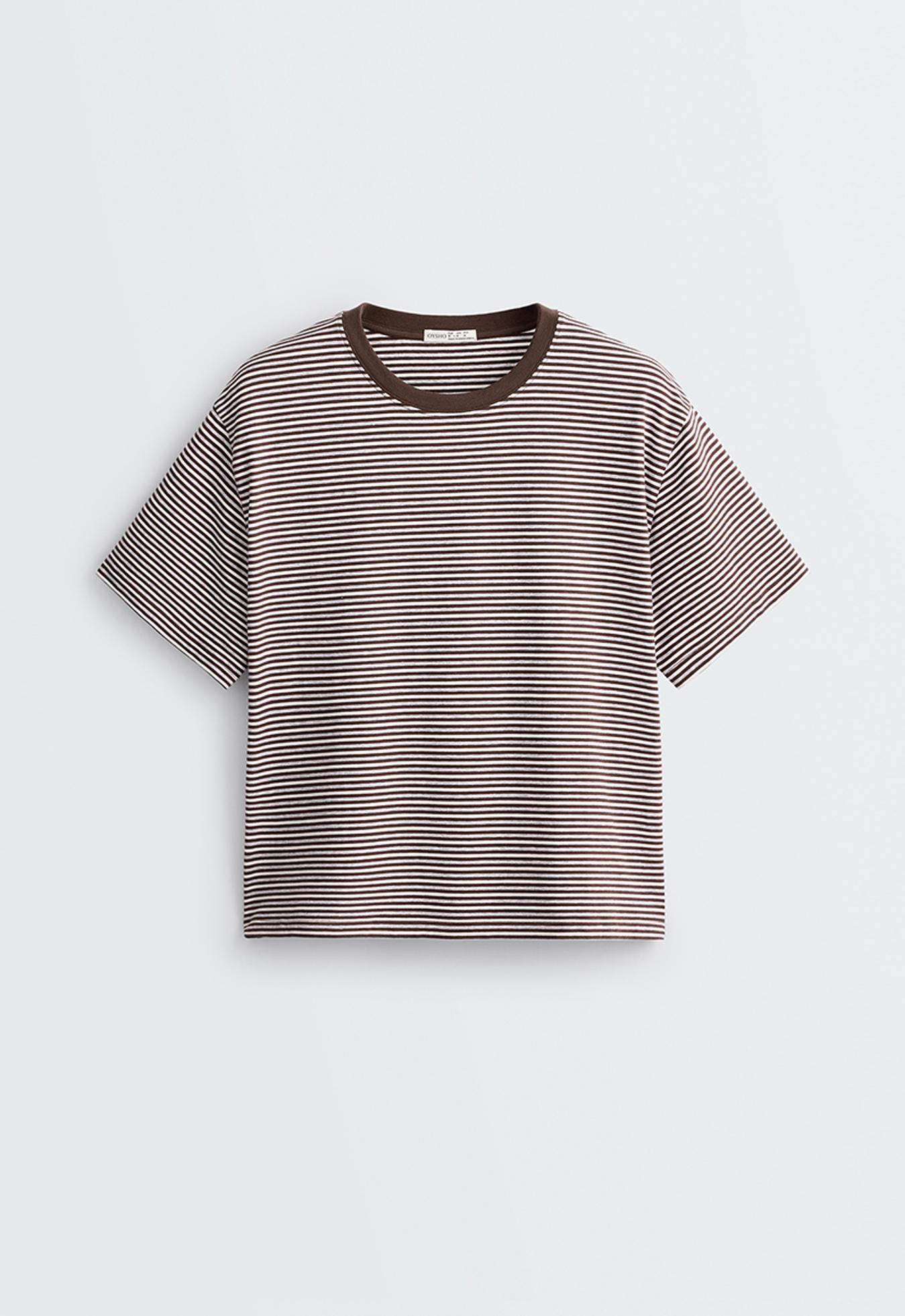 Regular fit striped cotton blend short-sleeved T-shirt — CHOCOLATE