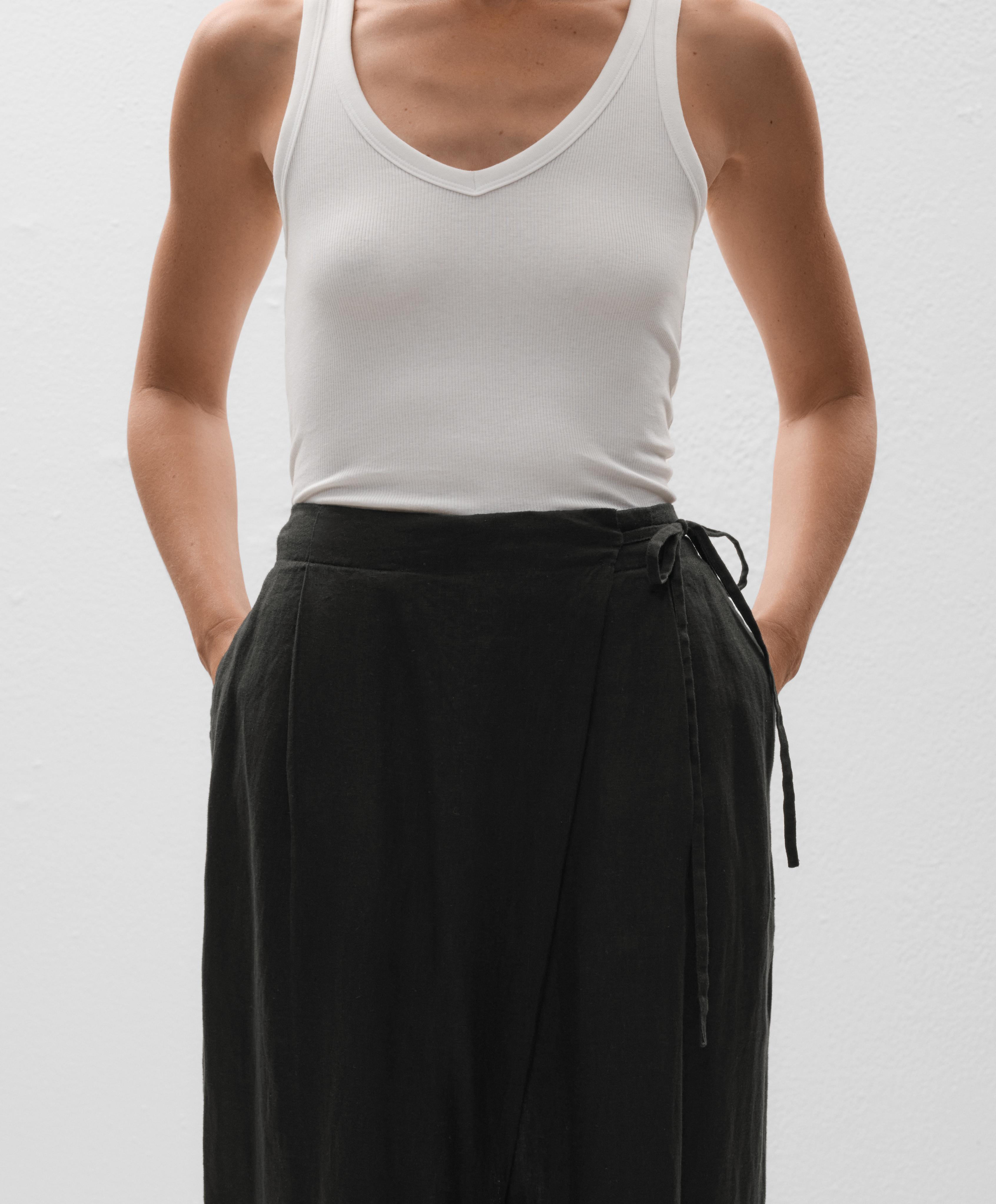 100% linen wide straight-leg trousers with crossover sarong-style wrap - Sale 100% linen wide straight-leg trousers with crossover sarong-style wrap - Sale