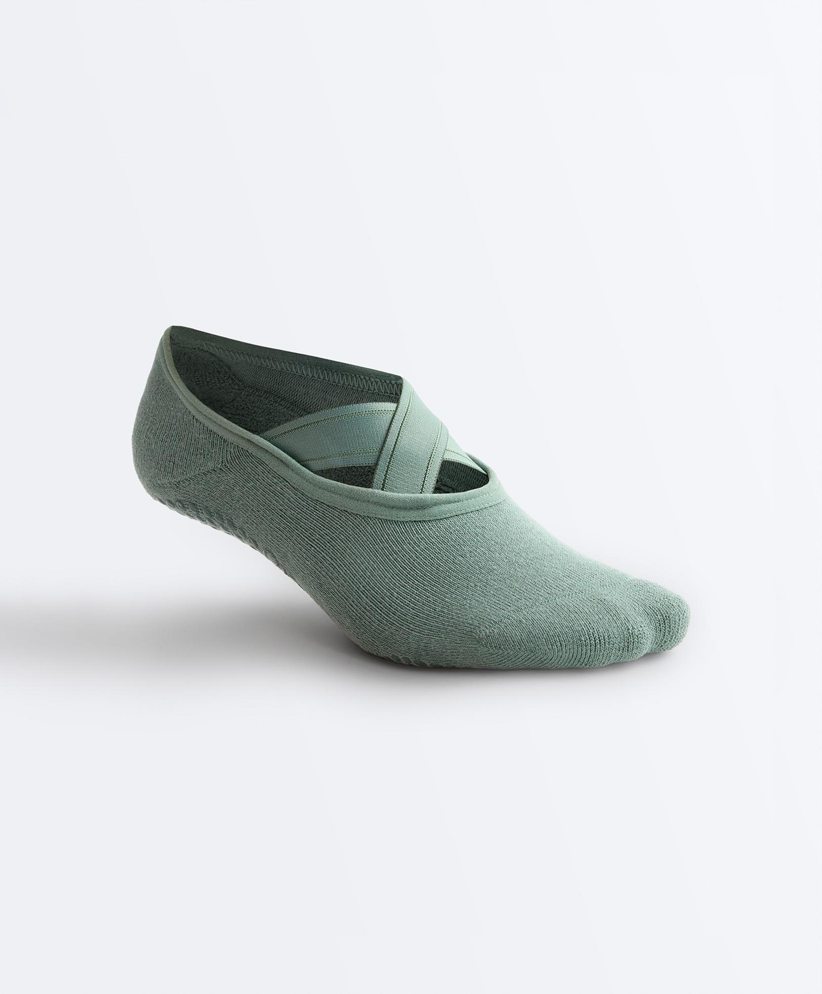 2 pairs of padded cotton blend yoga and Pilates socks with crossover straps — GREY-TURQUOISE