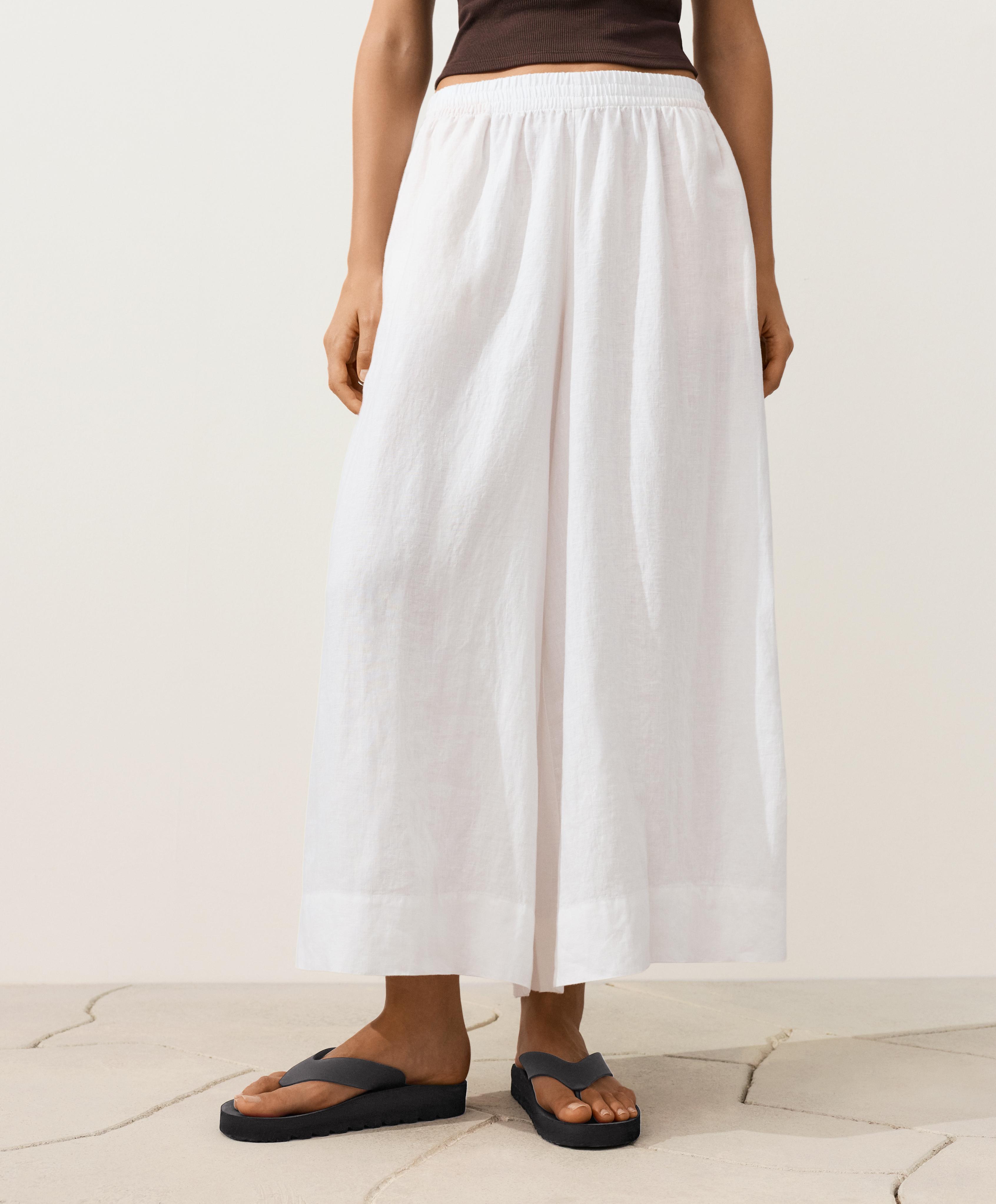100% linen super wide-leg cropped trousers — WHITE