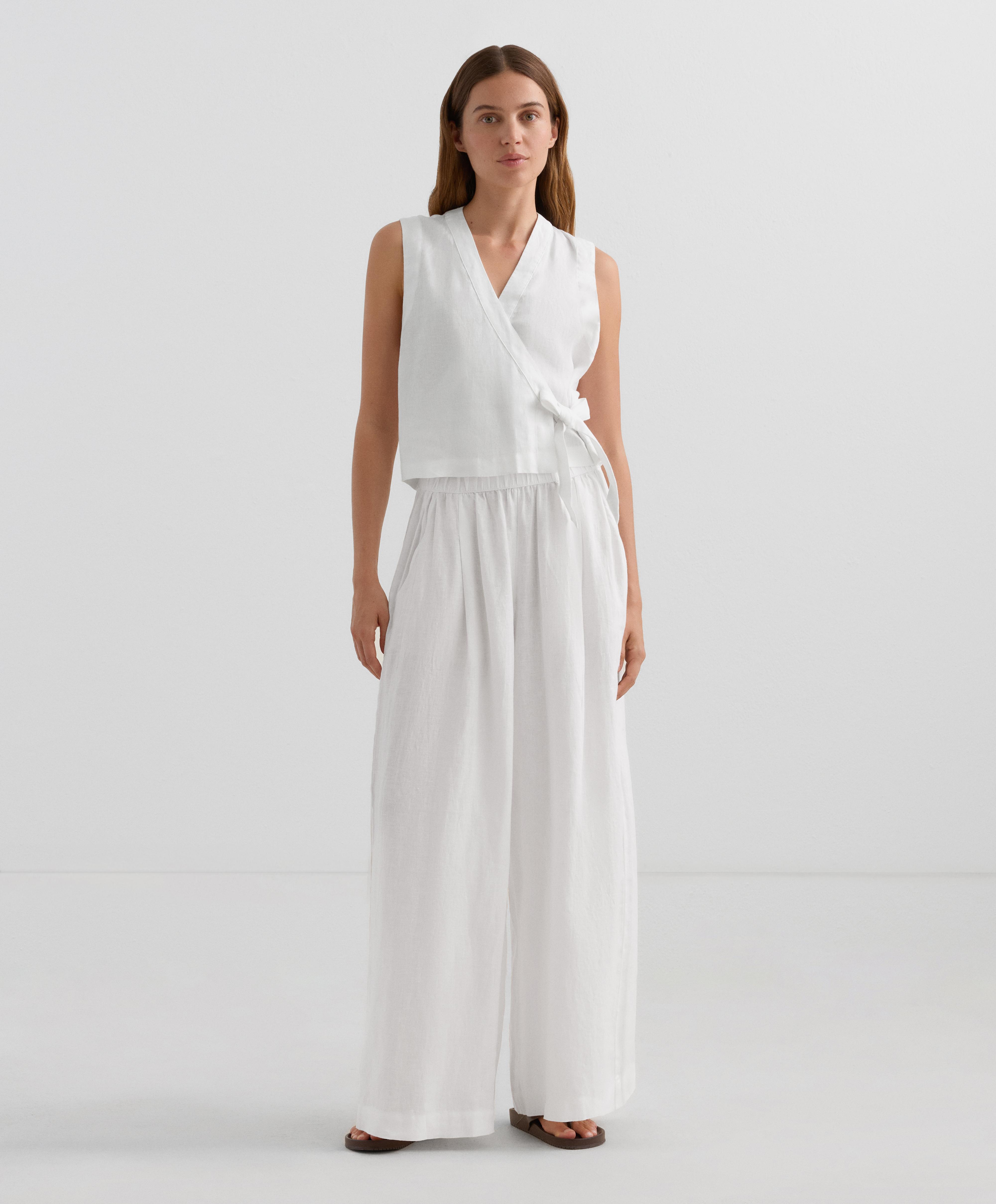 100% linen crossover top with tie fastening — WHITE