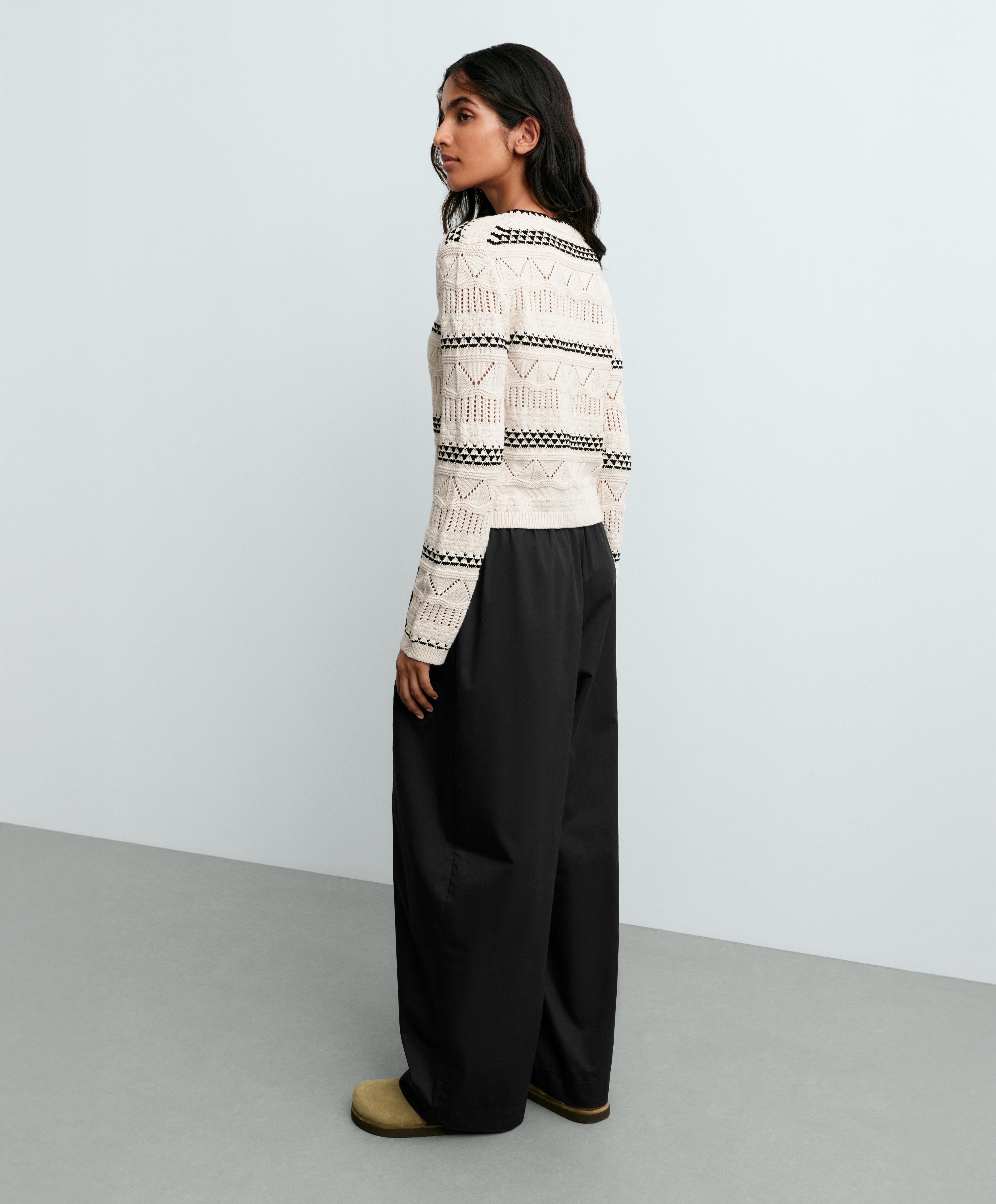 100% cotton contrast open-knit cardigan — PALE ECRU