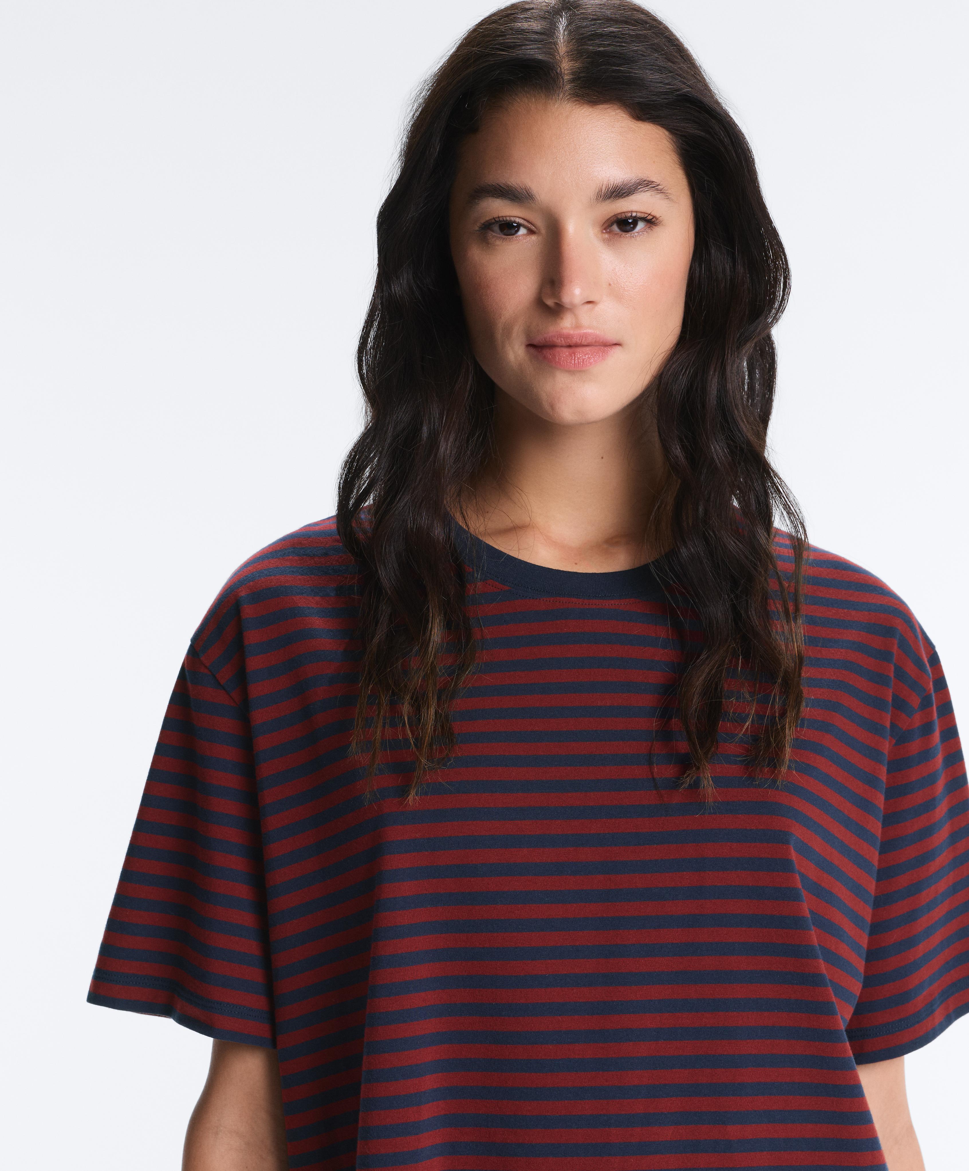 Boxy short sleeve striped cotton blend T-shirt — BRIGHT RED