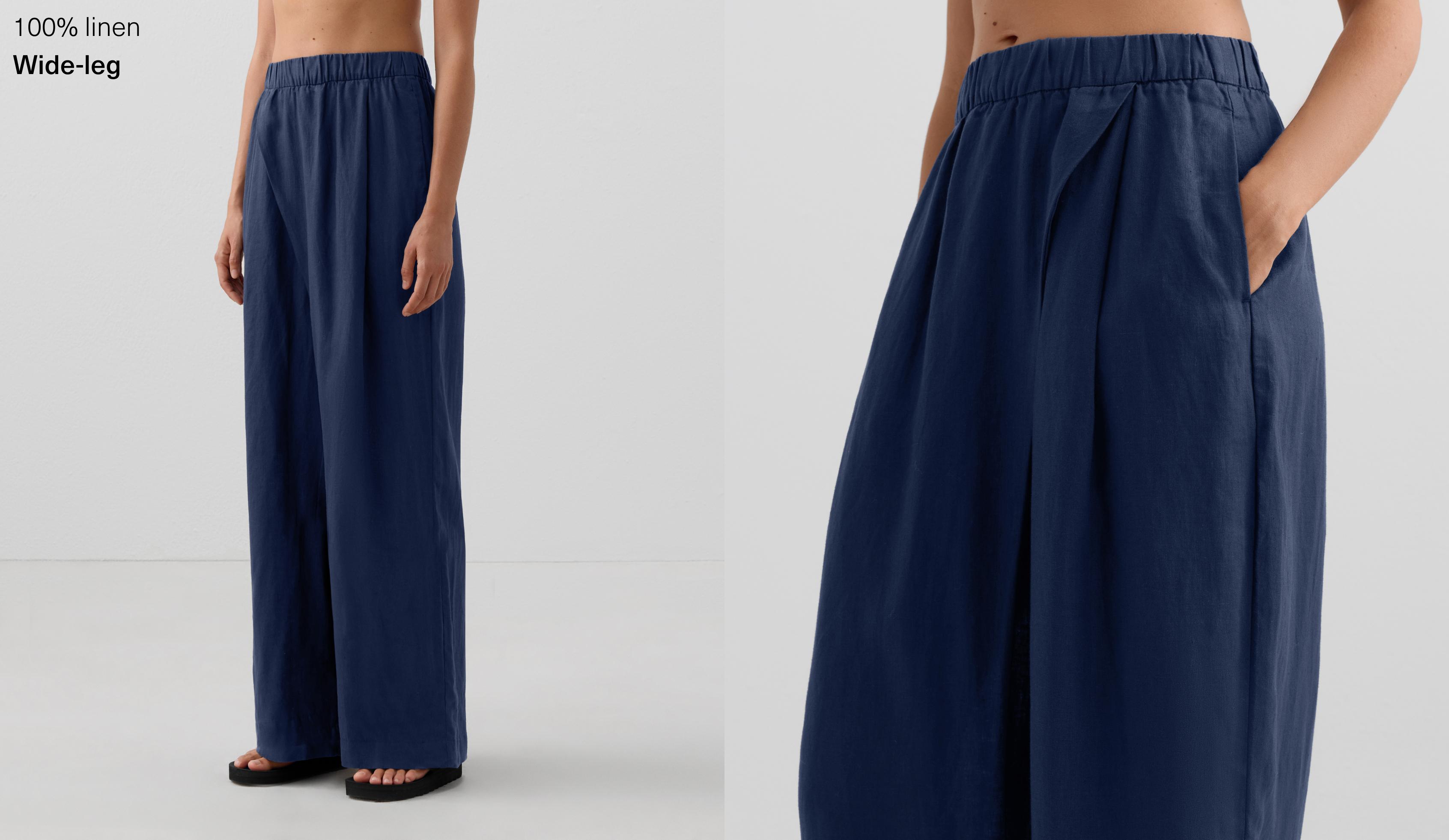 Широки панталони со рамни ногавици и преклопен преден дел од 100% лен