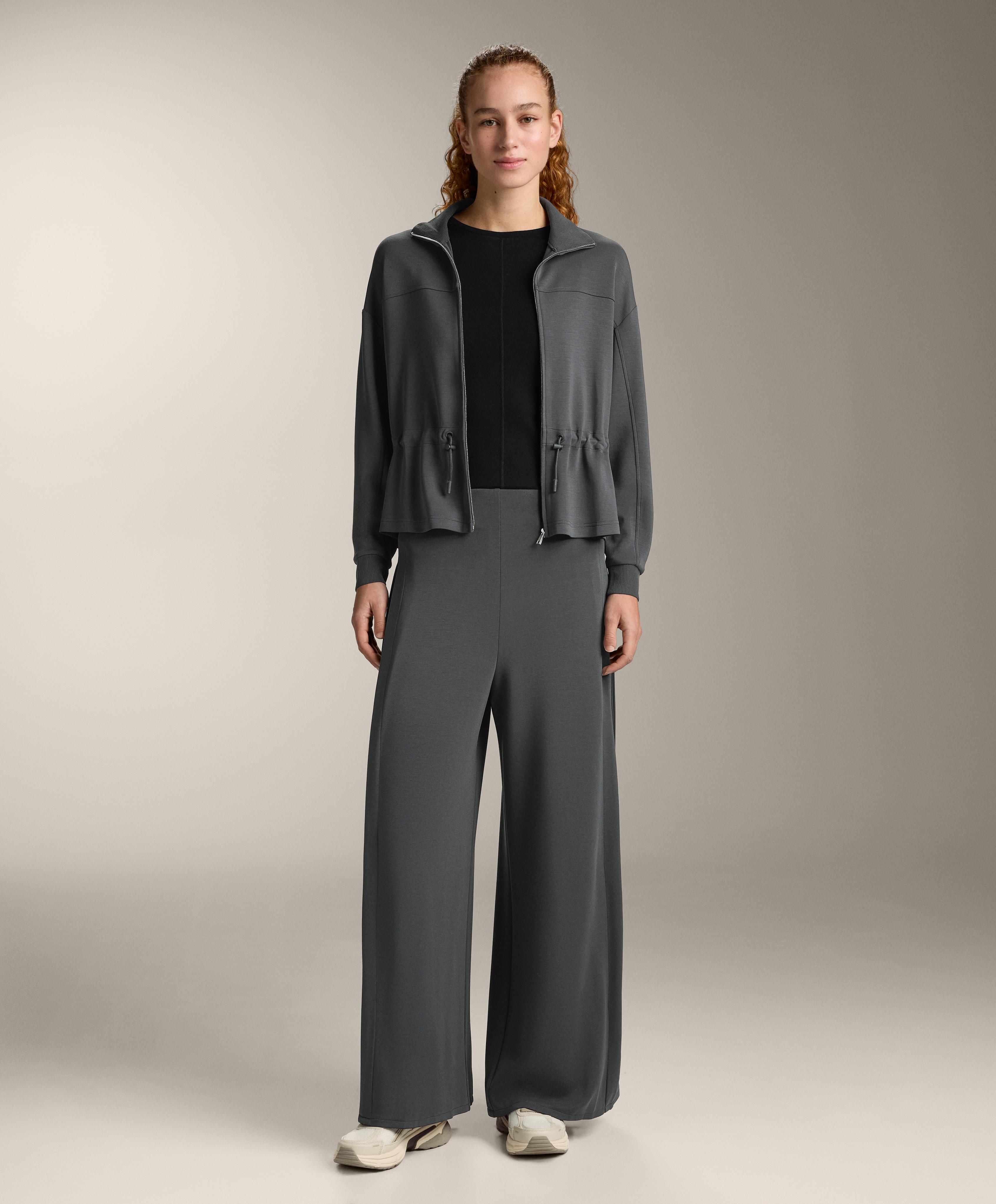 Soft-touch modal jacket with adjustable waist and high collar — ASPHALT