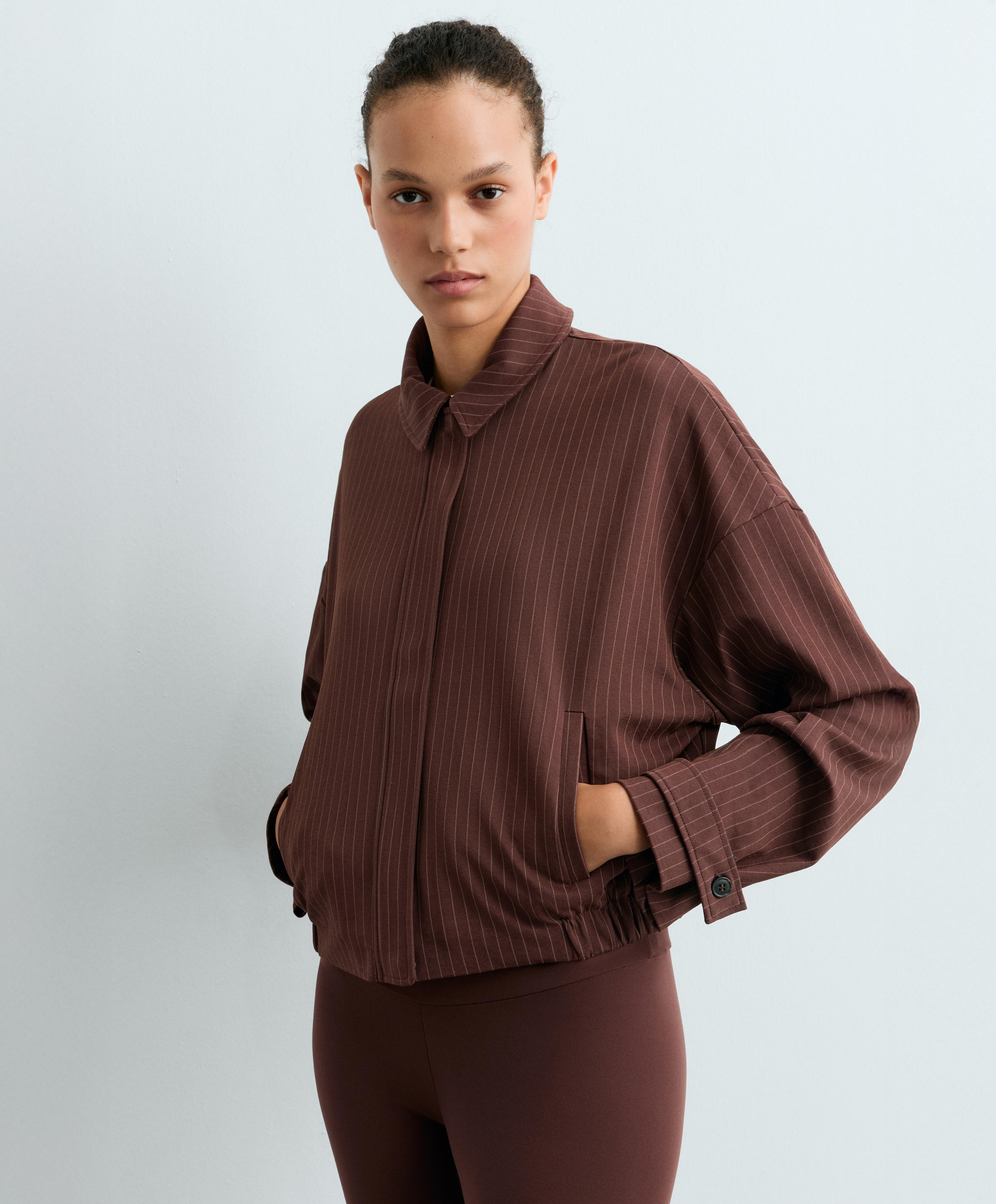 Pinstripe piqué polo neck jacket with cotton — CHOCOLATE