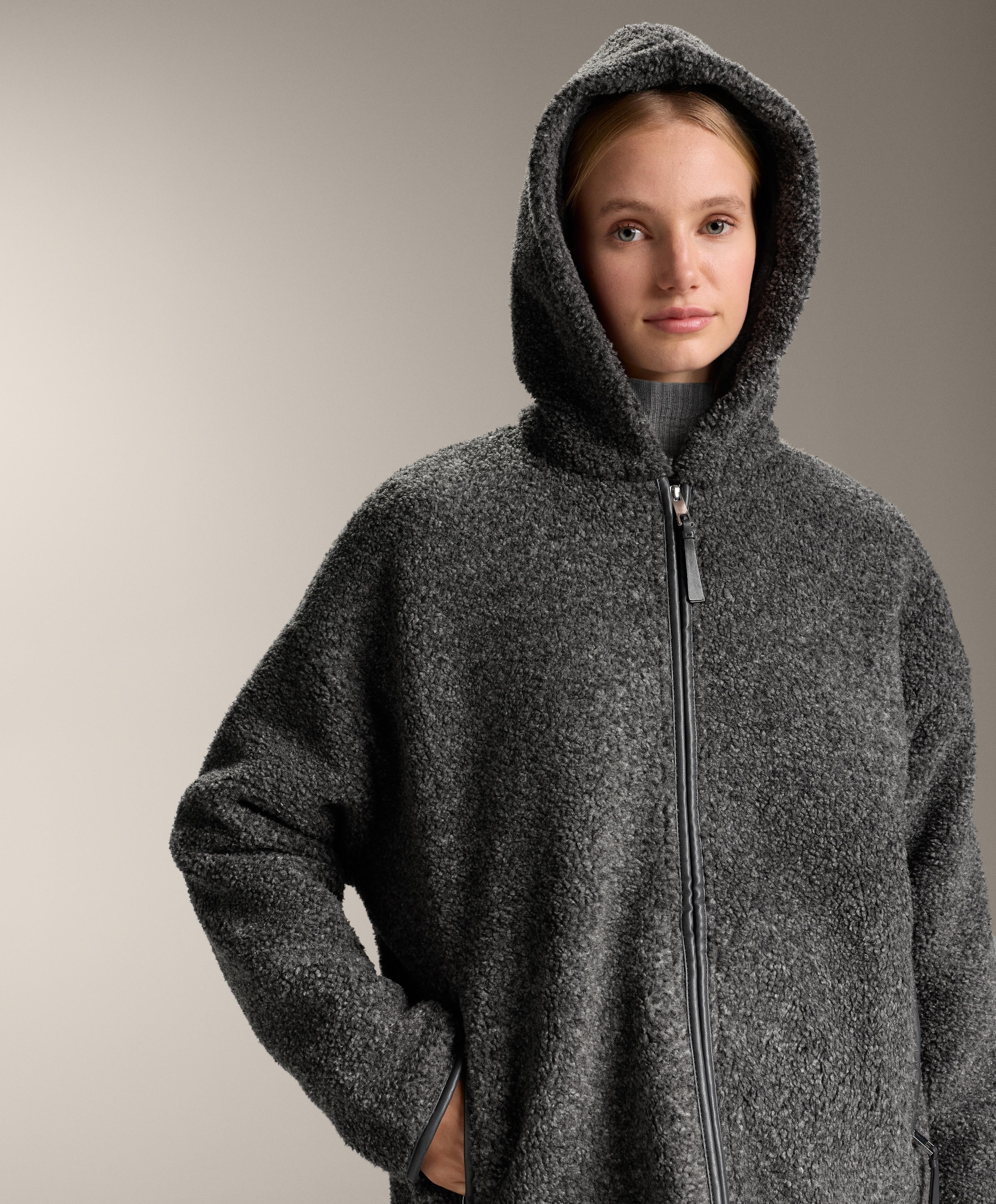 Oversize faux-shearling jacket with faux-fur lined hood — DARK-GREY MELANGE