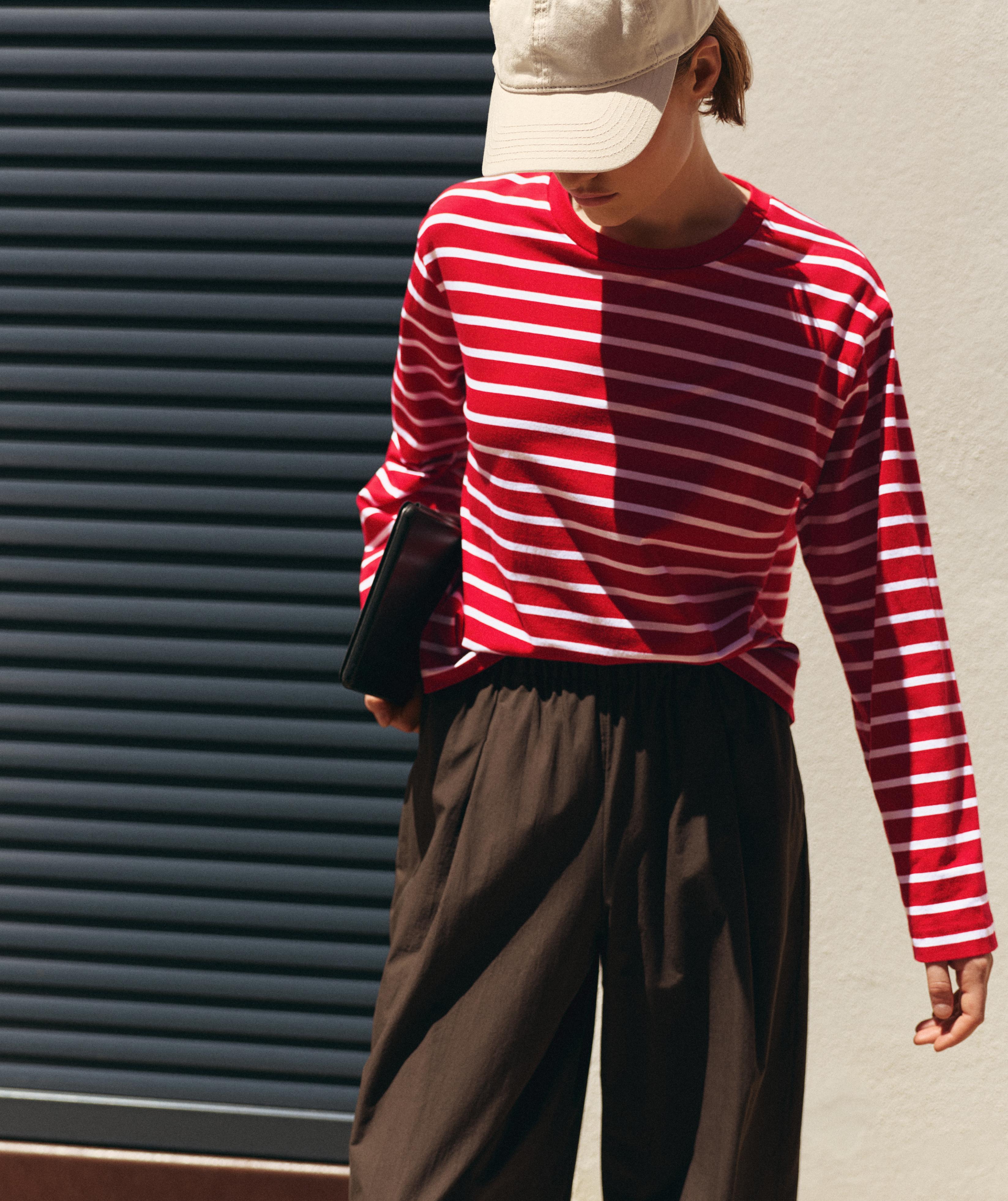 Boxy long-sleeved striped cotton-blend T-shirt — RED