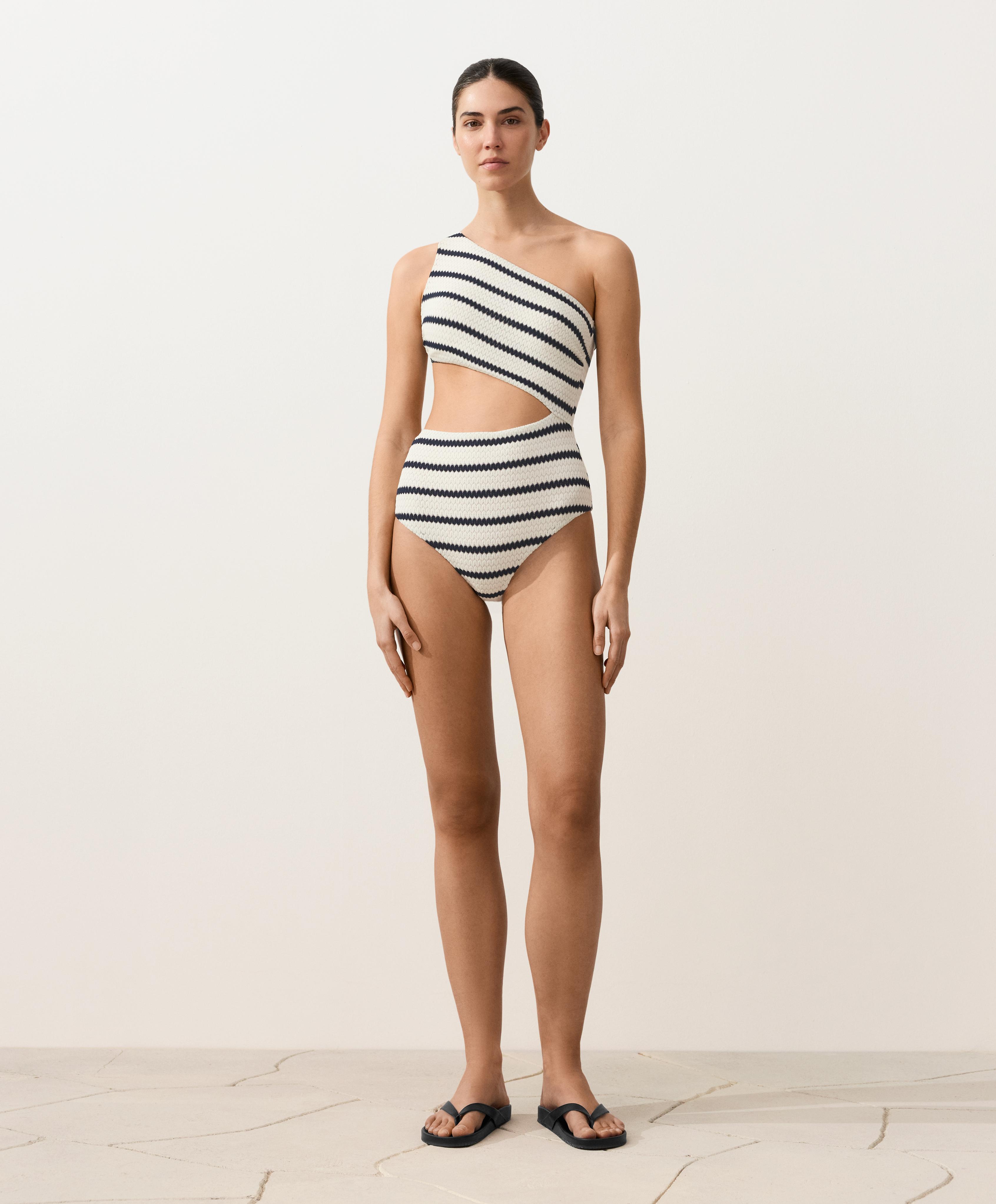Asymmetric striped crochet trikini — PALE ECRU