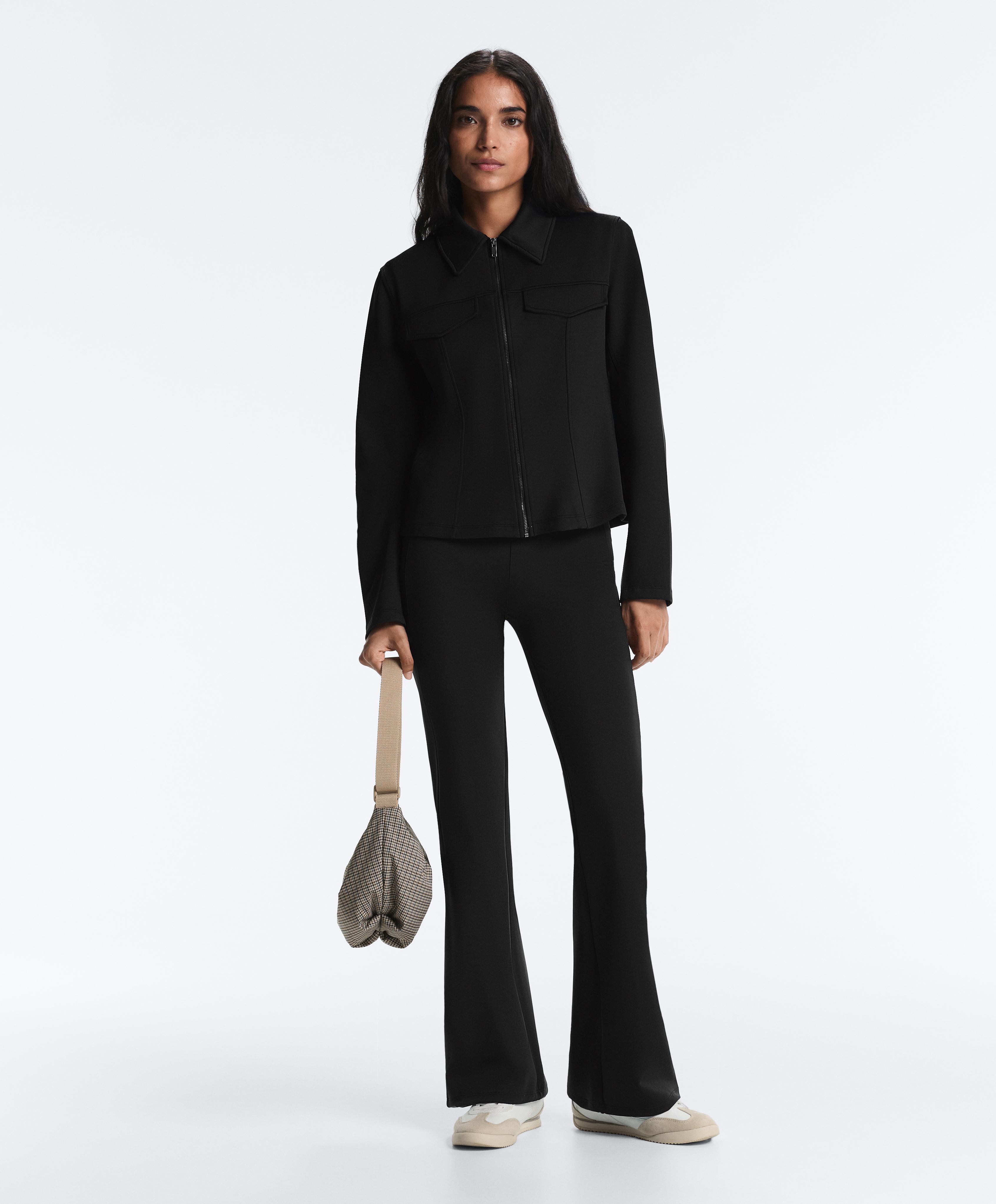 Neoprene-effect peplum jacket with ribbing — BLACK