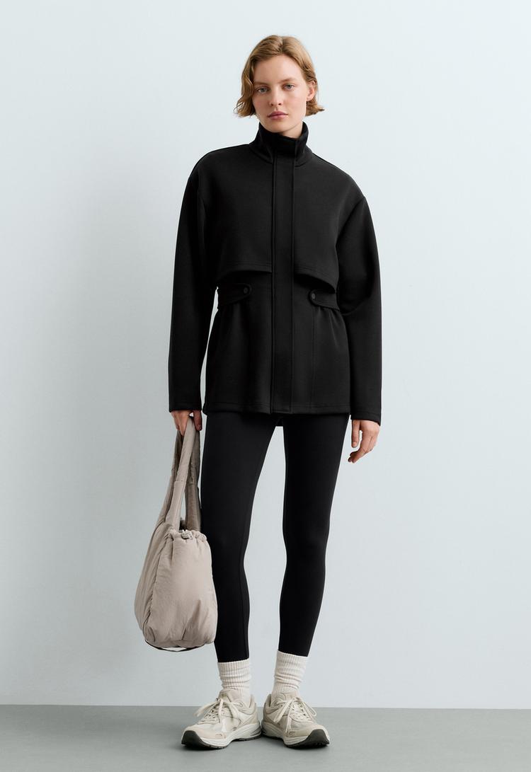 Long piqué jacket with belt — BLACK