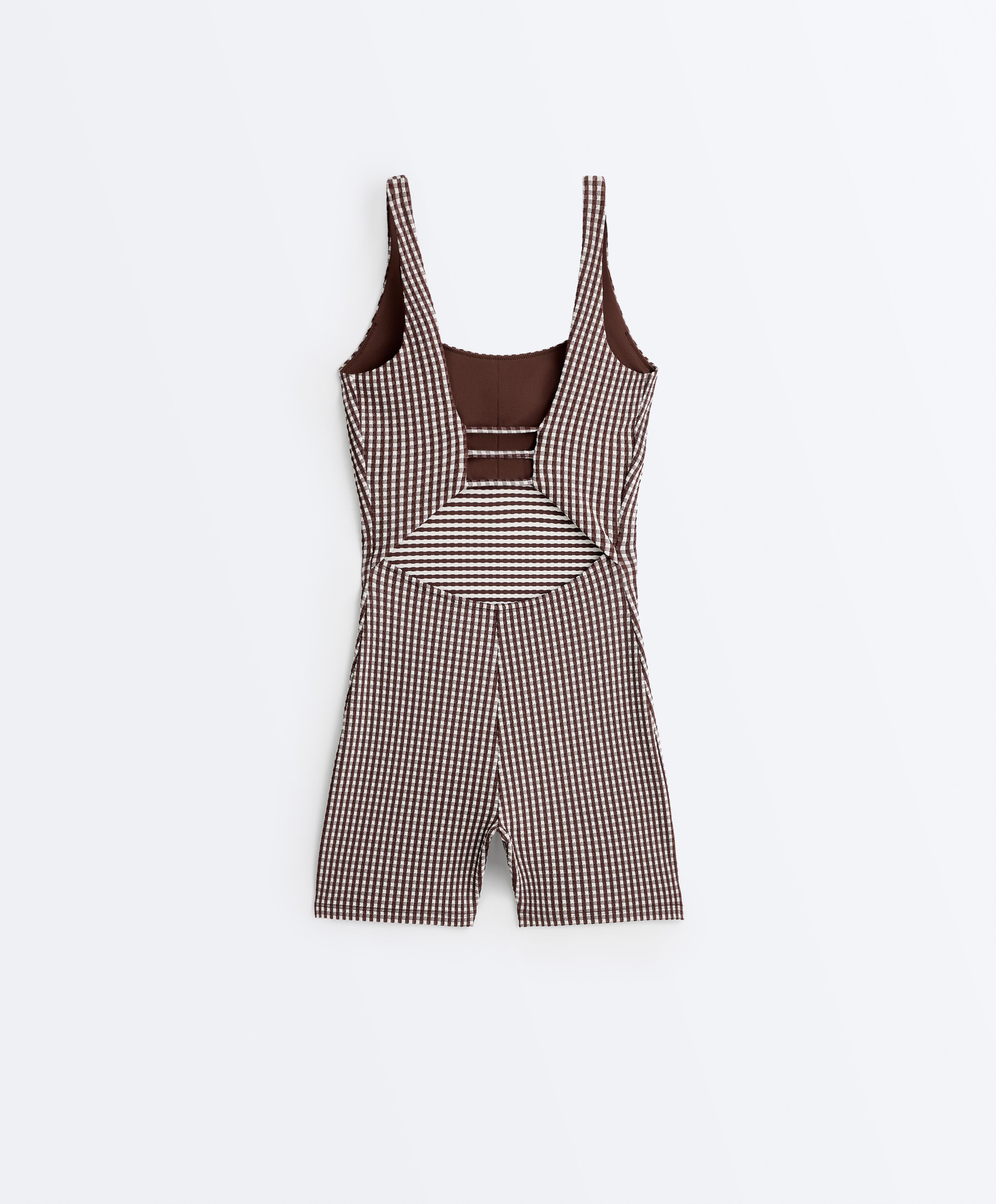 Comfortlux gingham short jumpsuit — DARK REDDISH‑BROWN