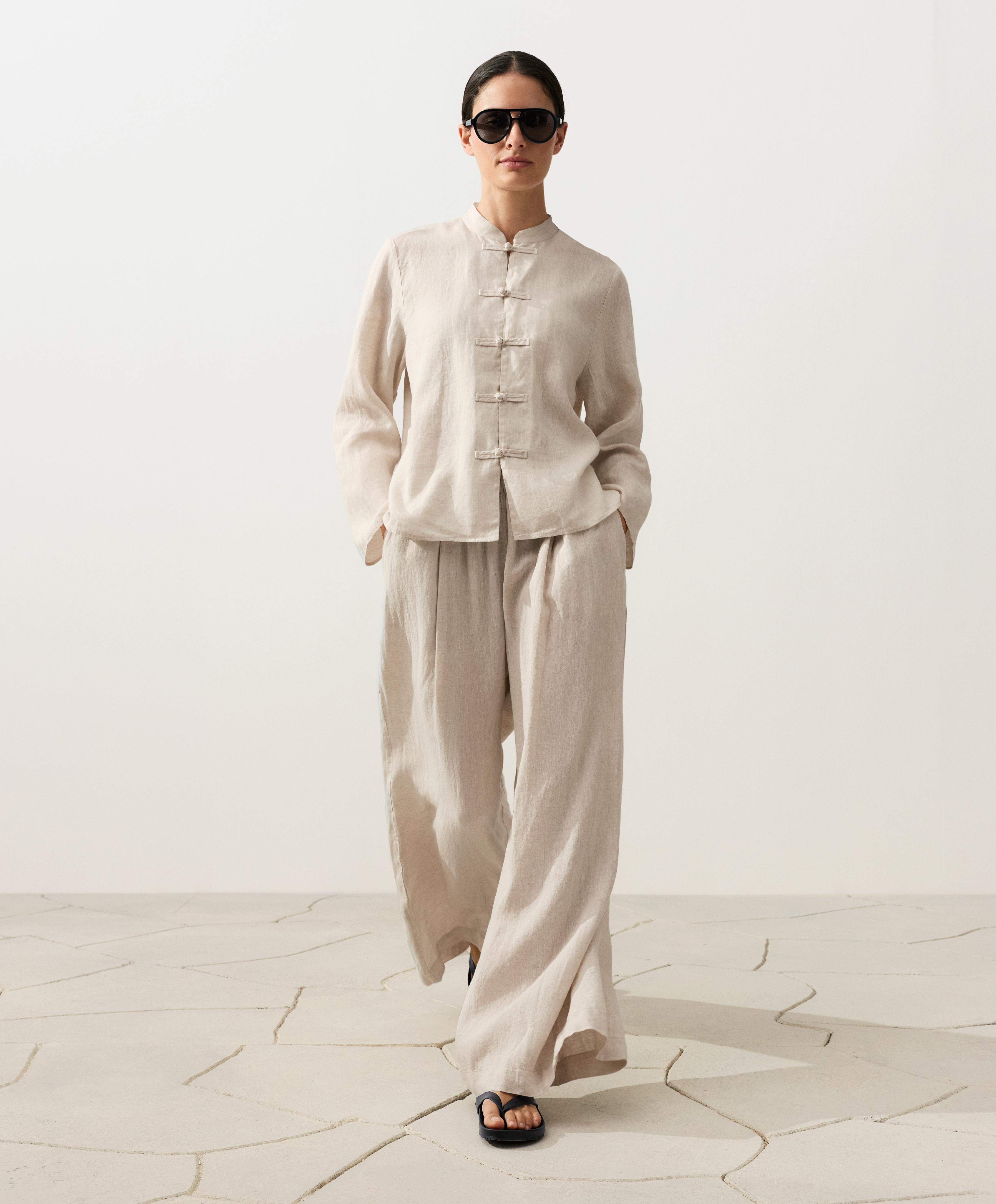 100% linen stand-up collar shirt — SAND MELANGE