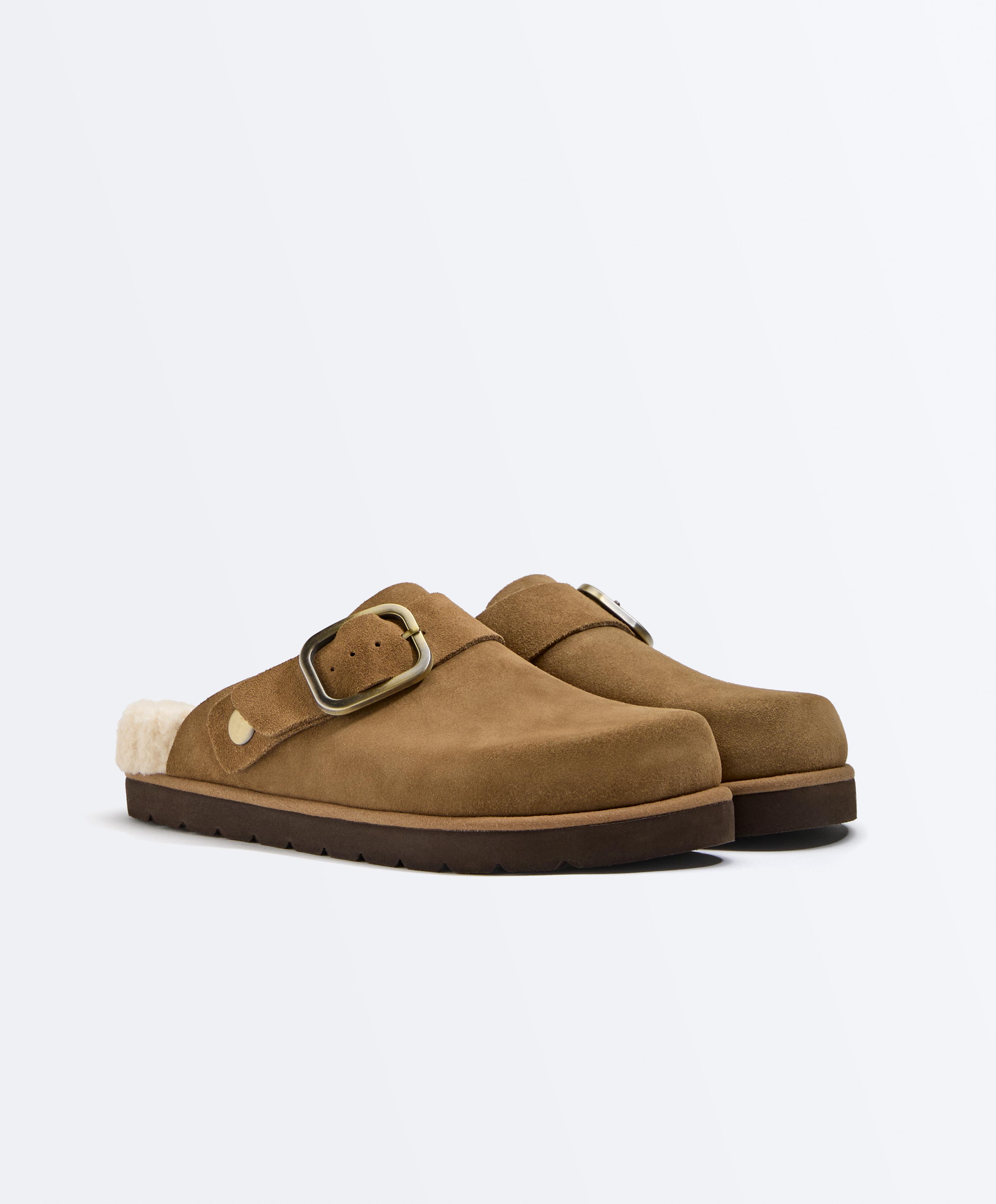 Buckled split-leather faux shearling clogs — TOASTED BROWN