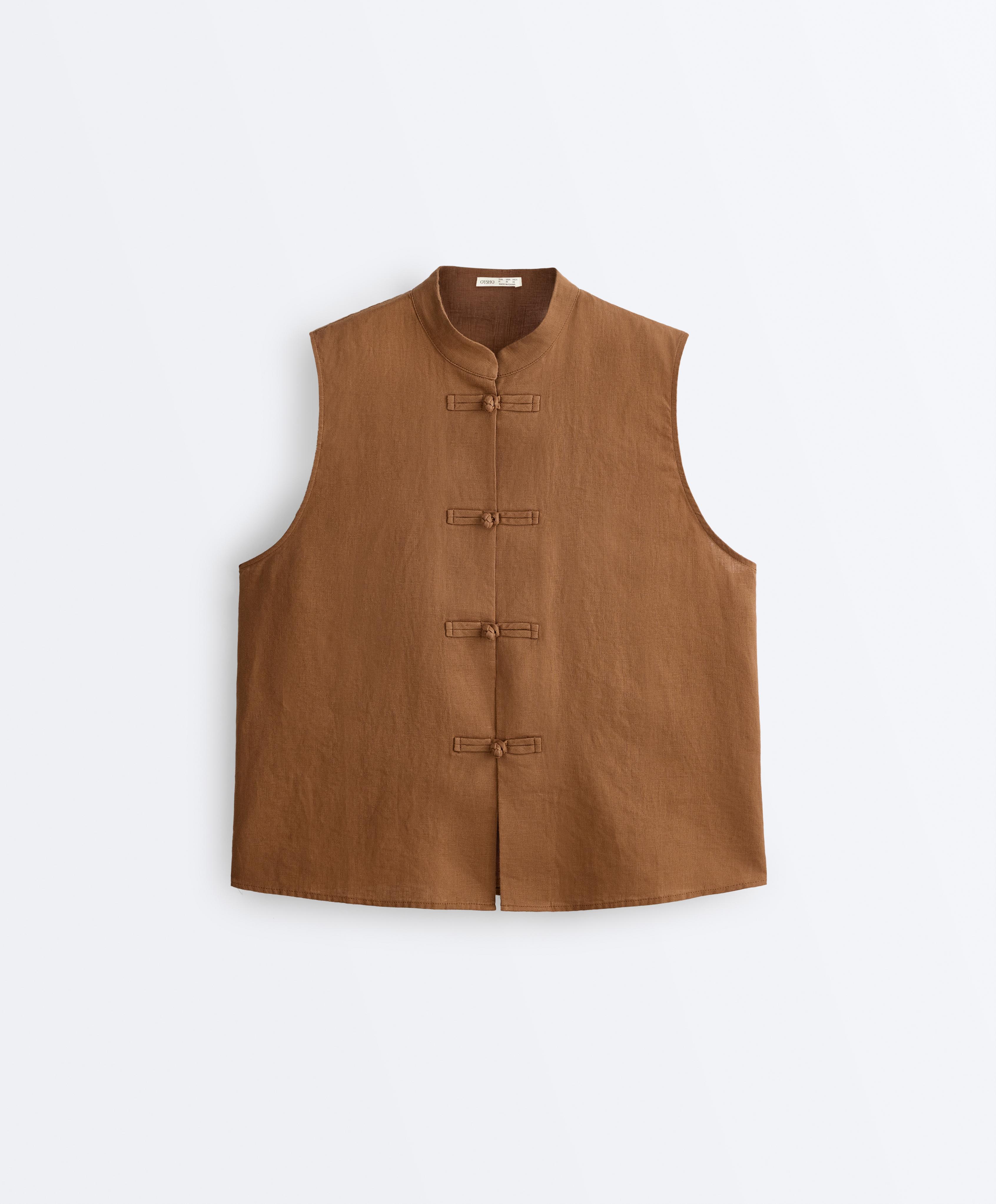 100% linen sleeveless stand-up collar shirt 100% linen sleeveless stand-up collar shirt