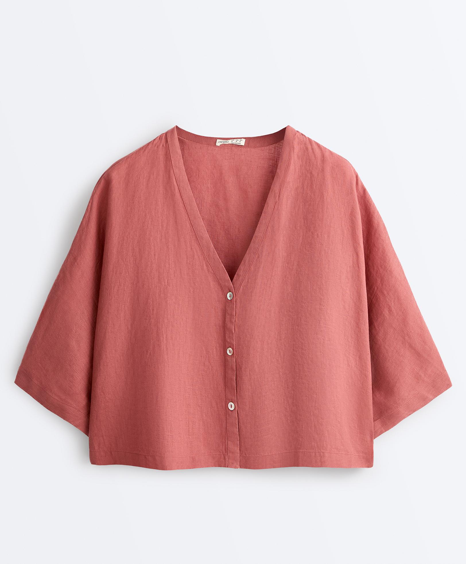 100% linen short-sleeve shirt — CORAL