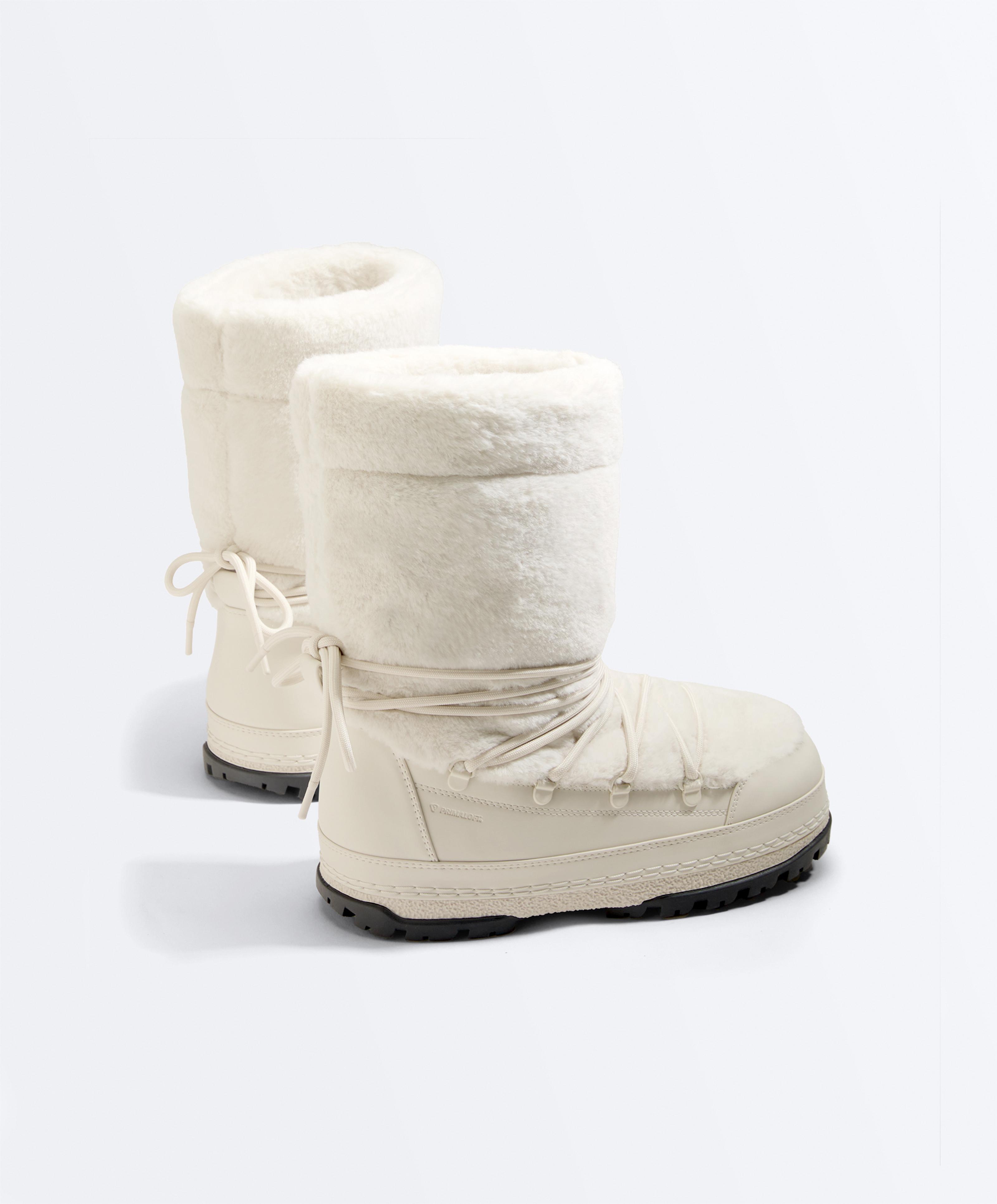 Lace-up technical faux fur boots — ECRU