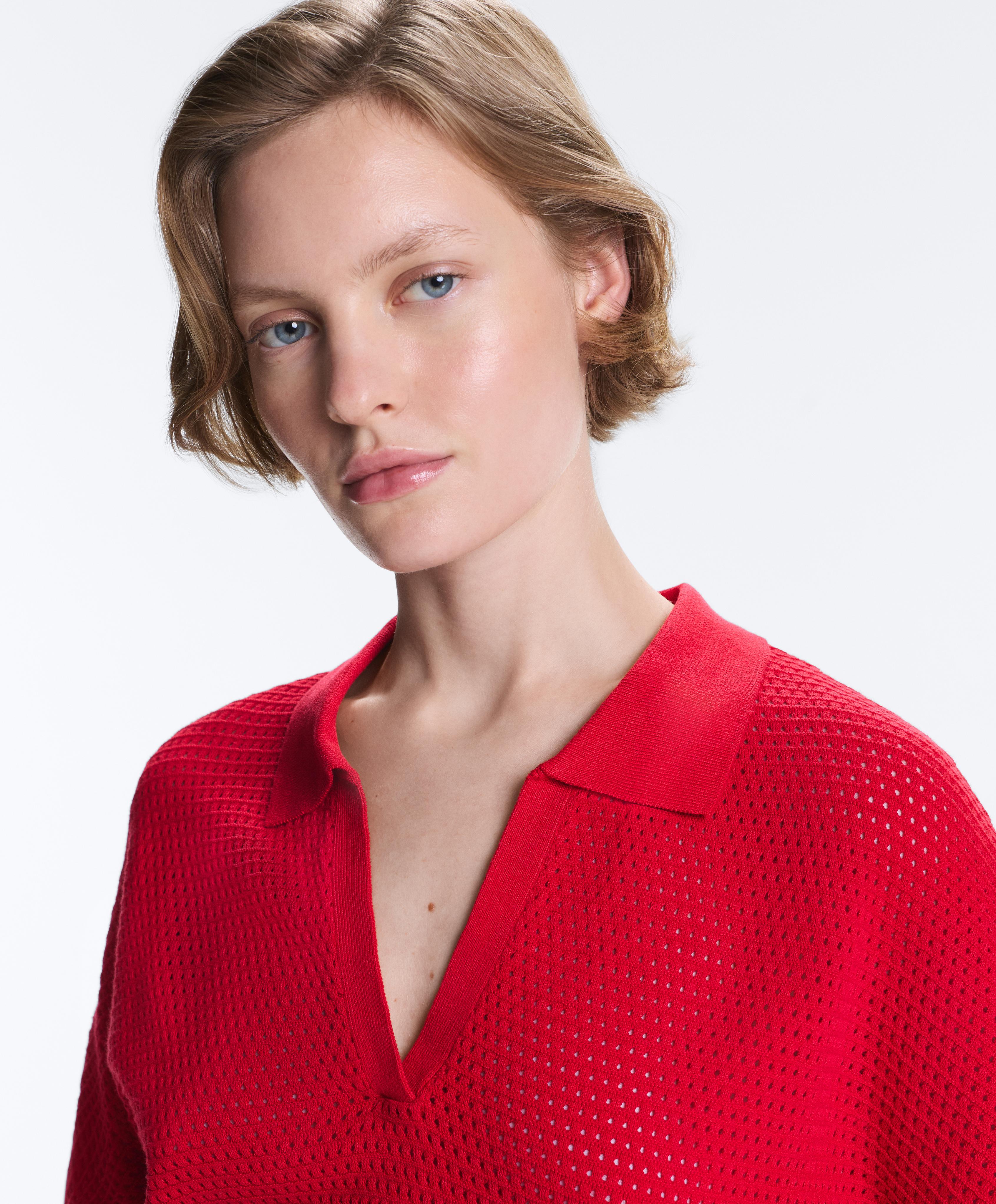 Cotton blend openwork knit polo — BRIGHT RED