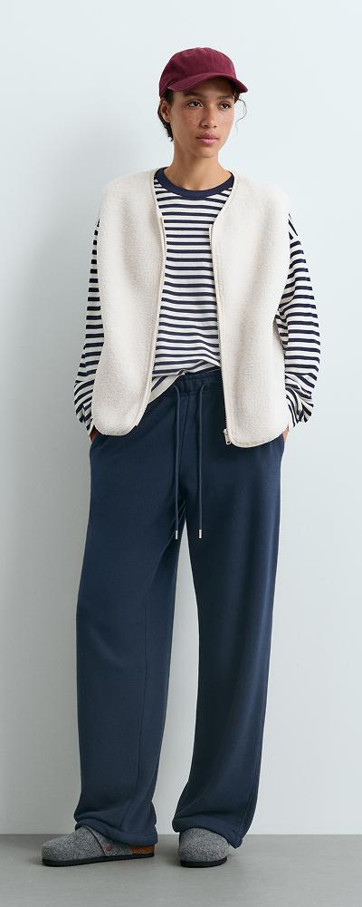 Cotton blend fleece straight-leg trousers — NAVY BLUE