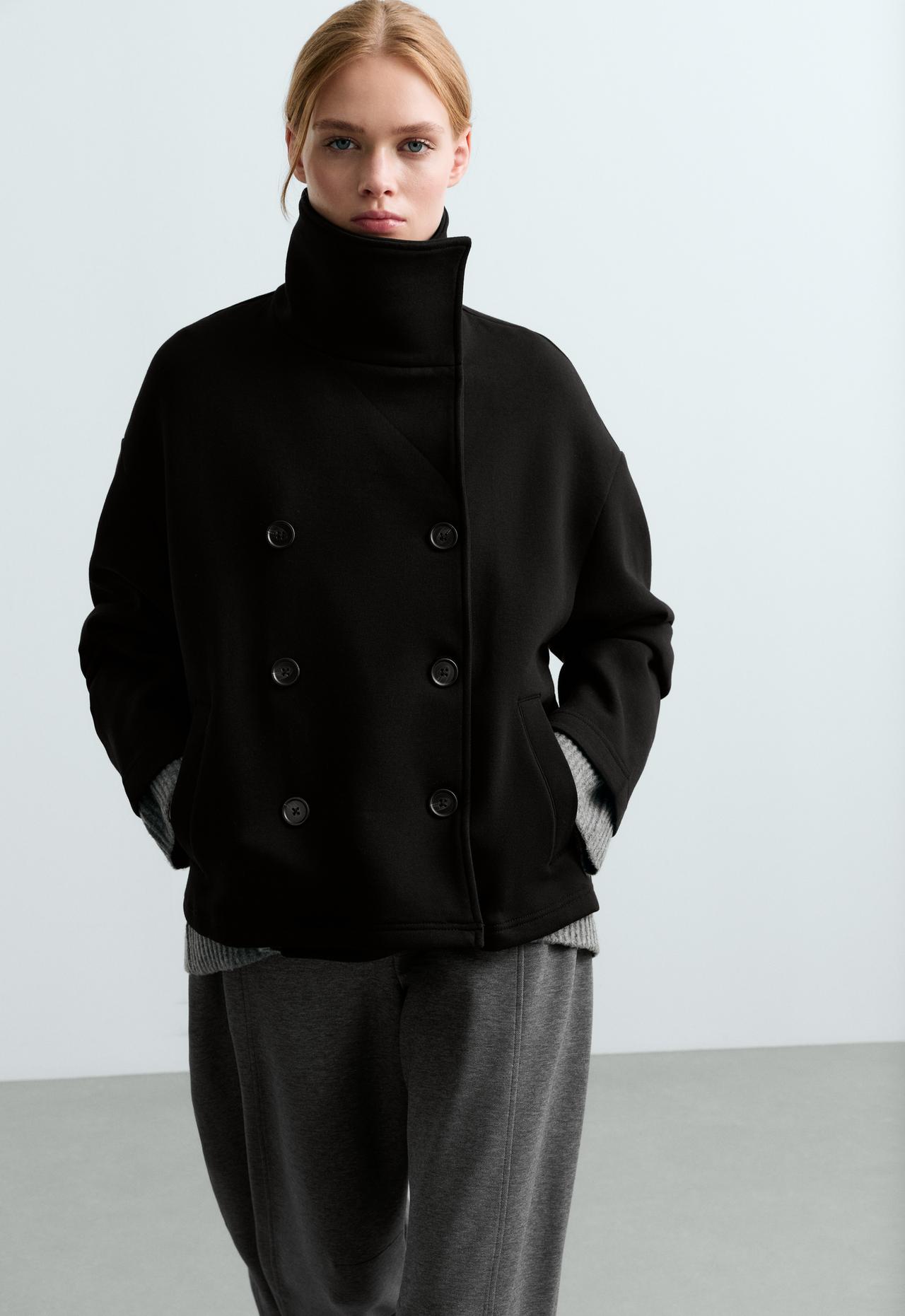 Short 6-button cotton jacket — BLACK
