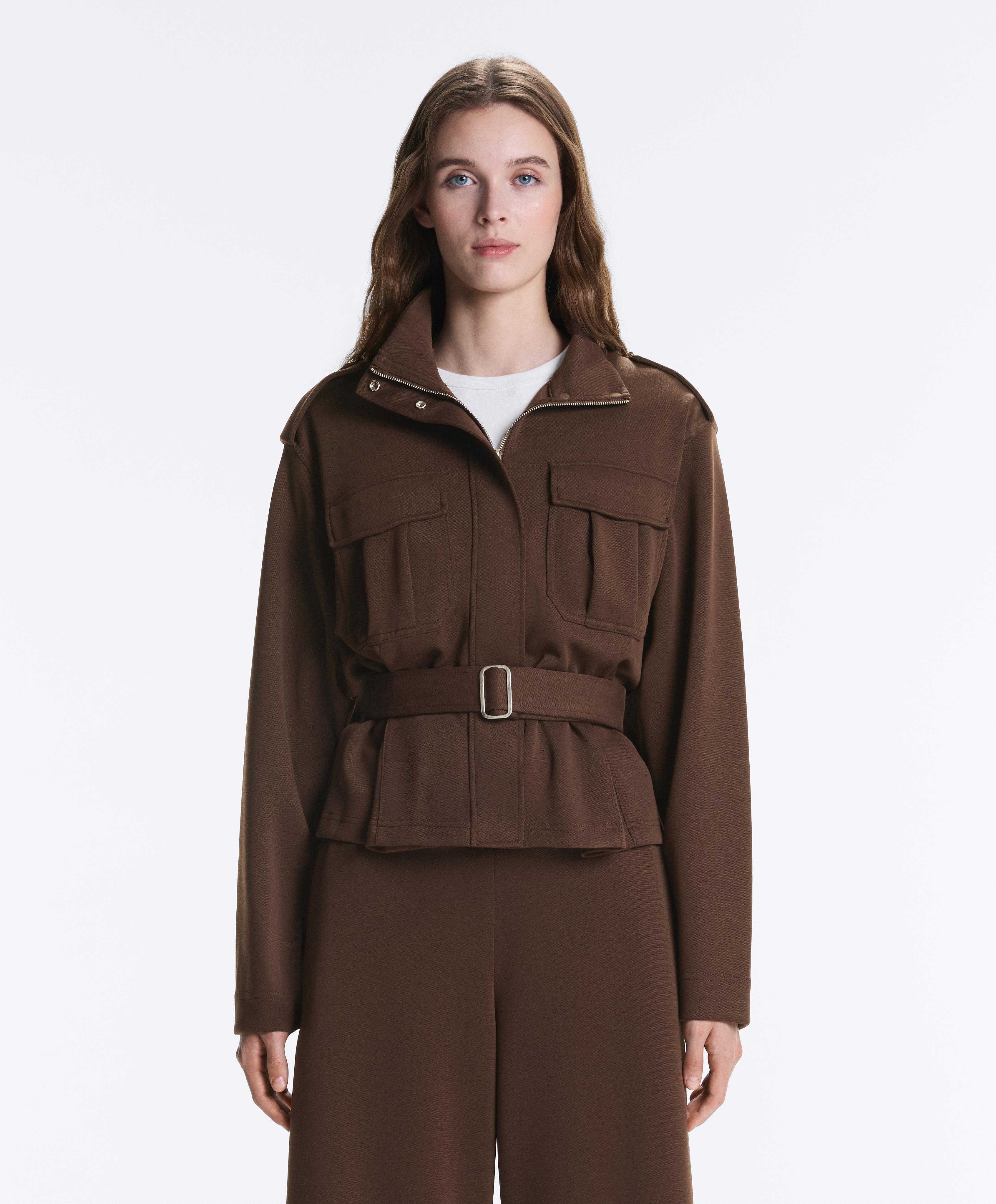 Cropped piqué utility jacket with belt — DARK BROWN