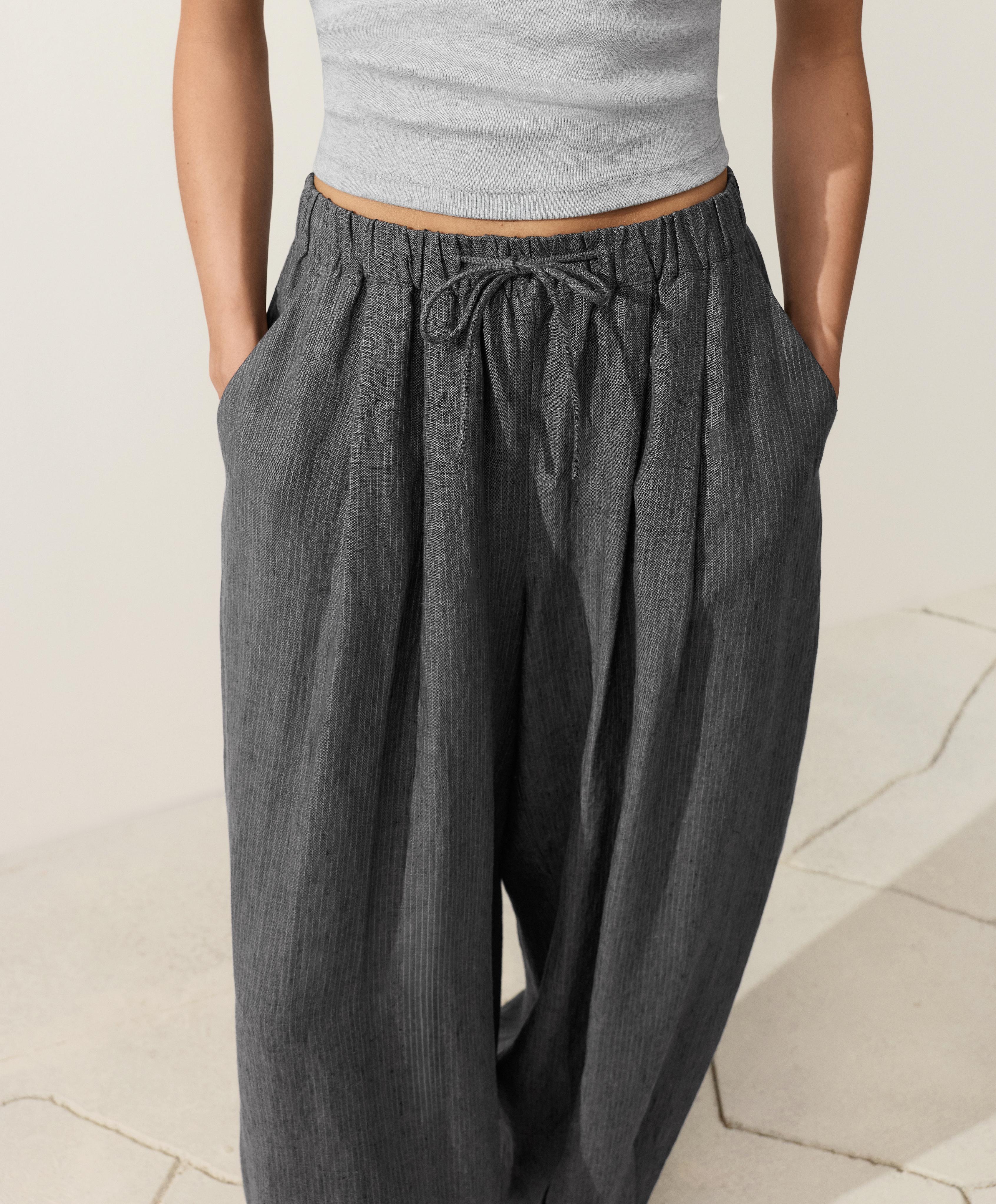 100% linen striped balloon trousers — DARK ANTHRACITE