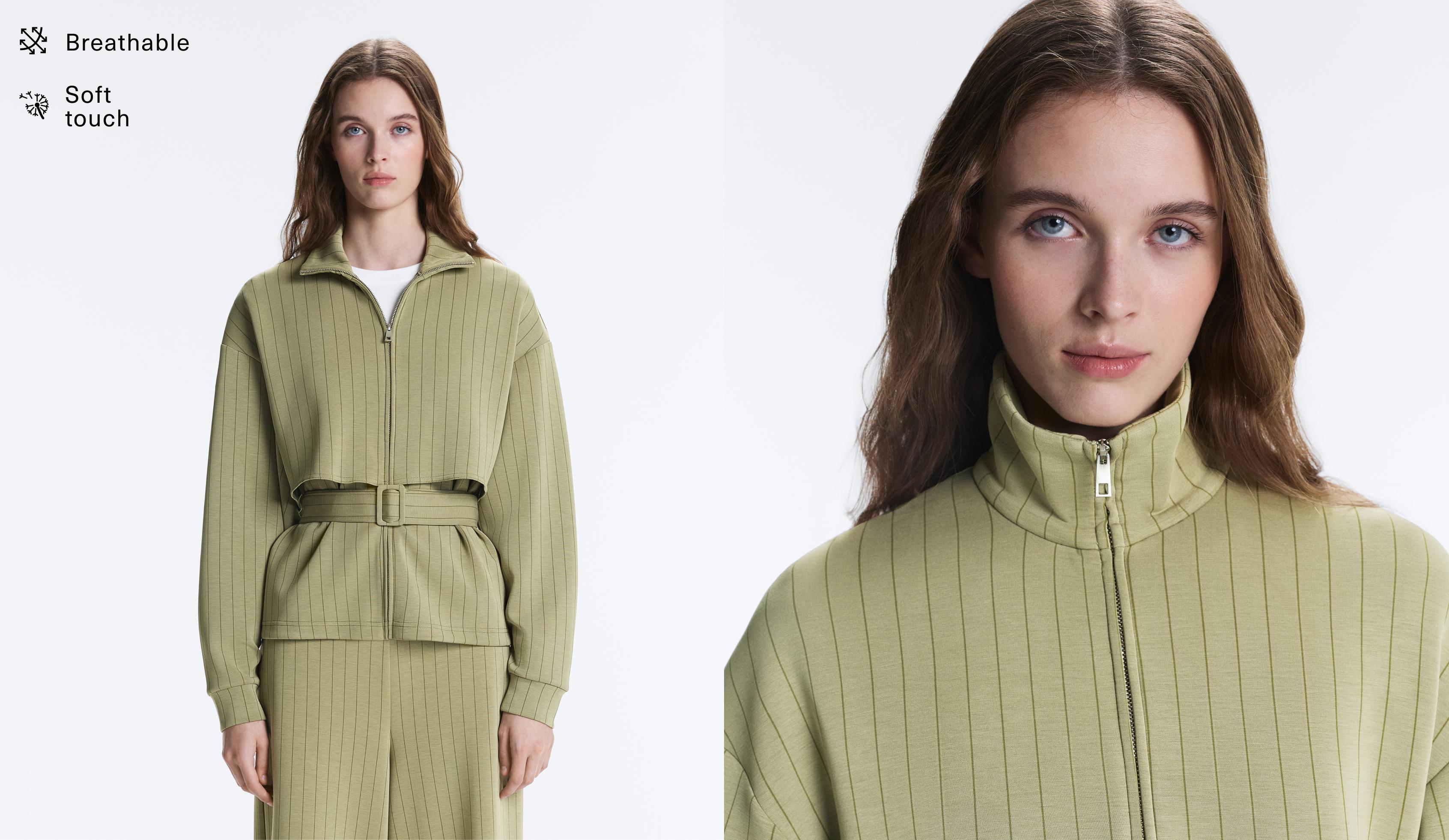 Boxy cape jacket with soft-touch modal pinstripe — YELLOW GREEN