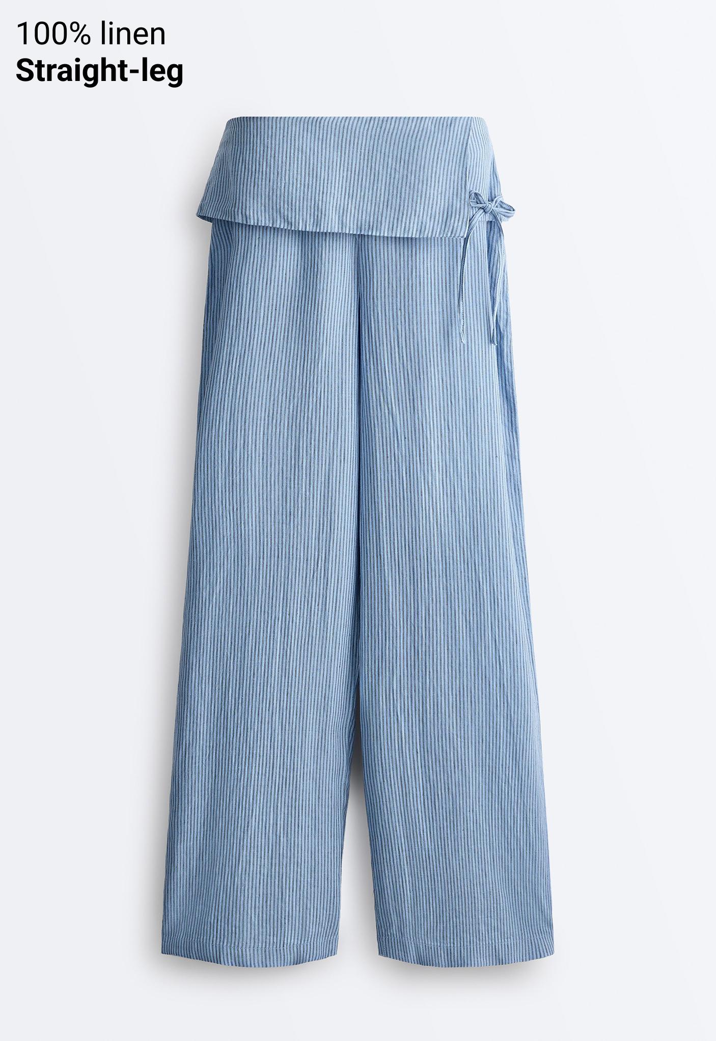 100% linen straight-leg trousers with turn-up waist — MID WASHED GREY-BLUE
