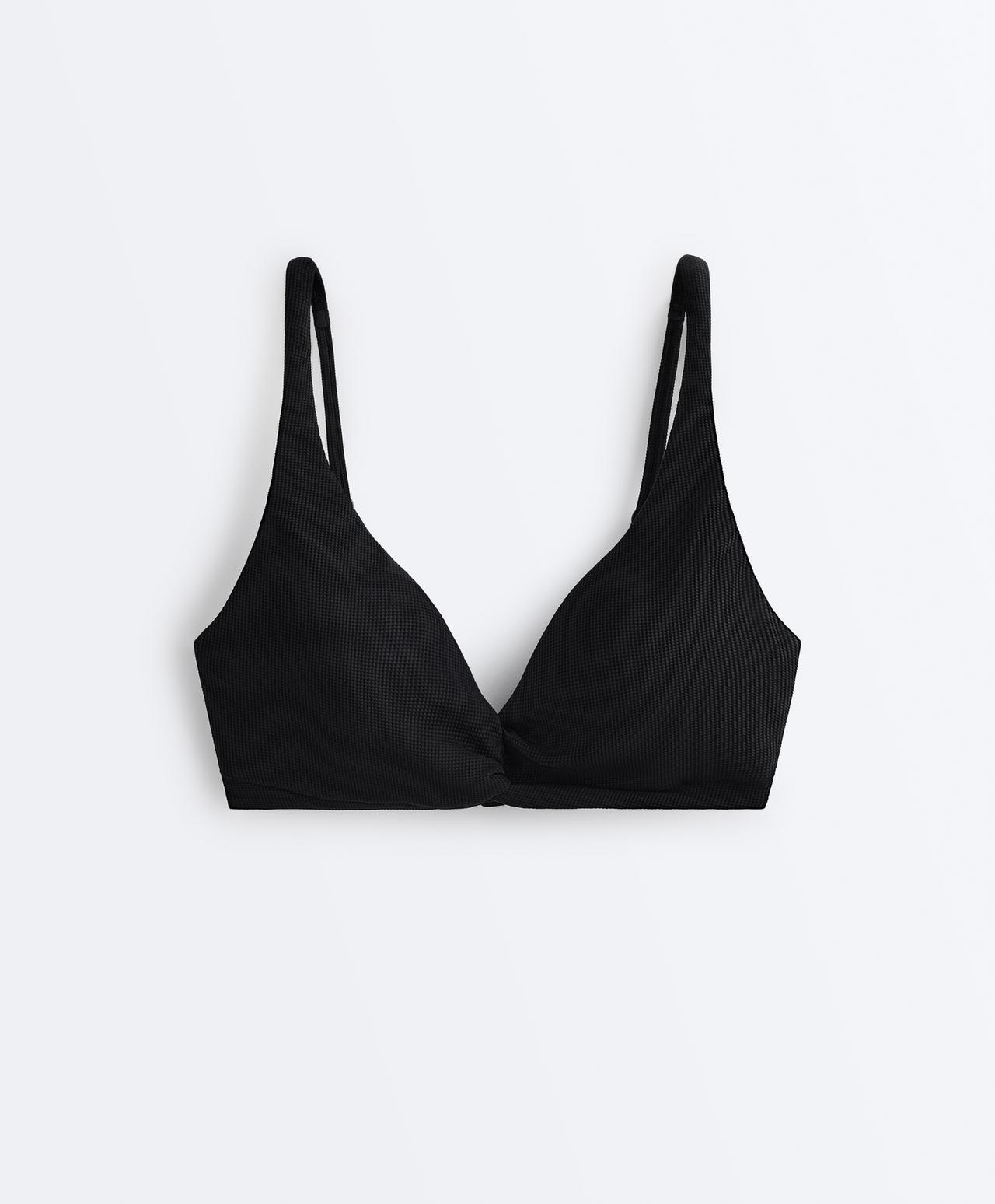 Piqué Halter bikini Top with tie — BLACK