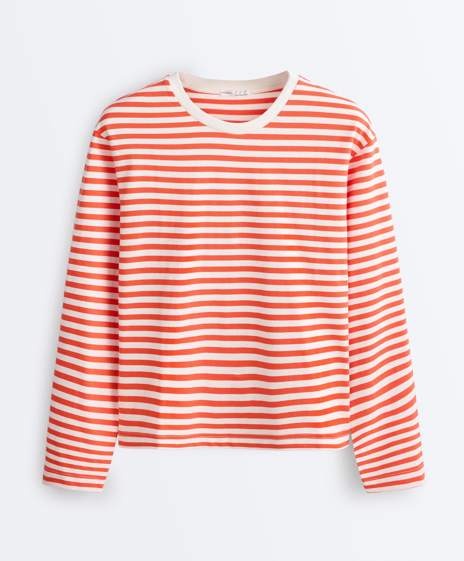 Boxy long-sleeved stripe 100% cotton T-shirt — BRIGHT ORANGE