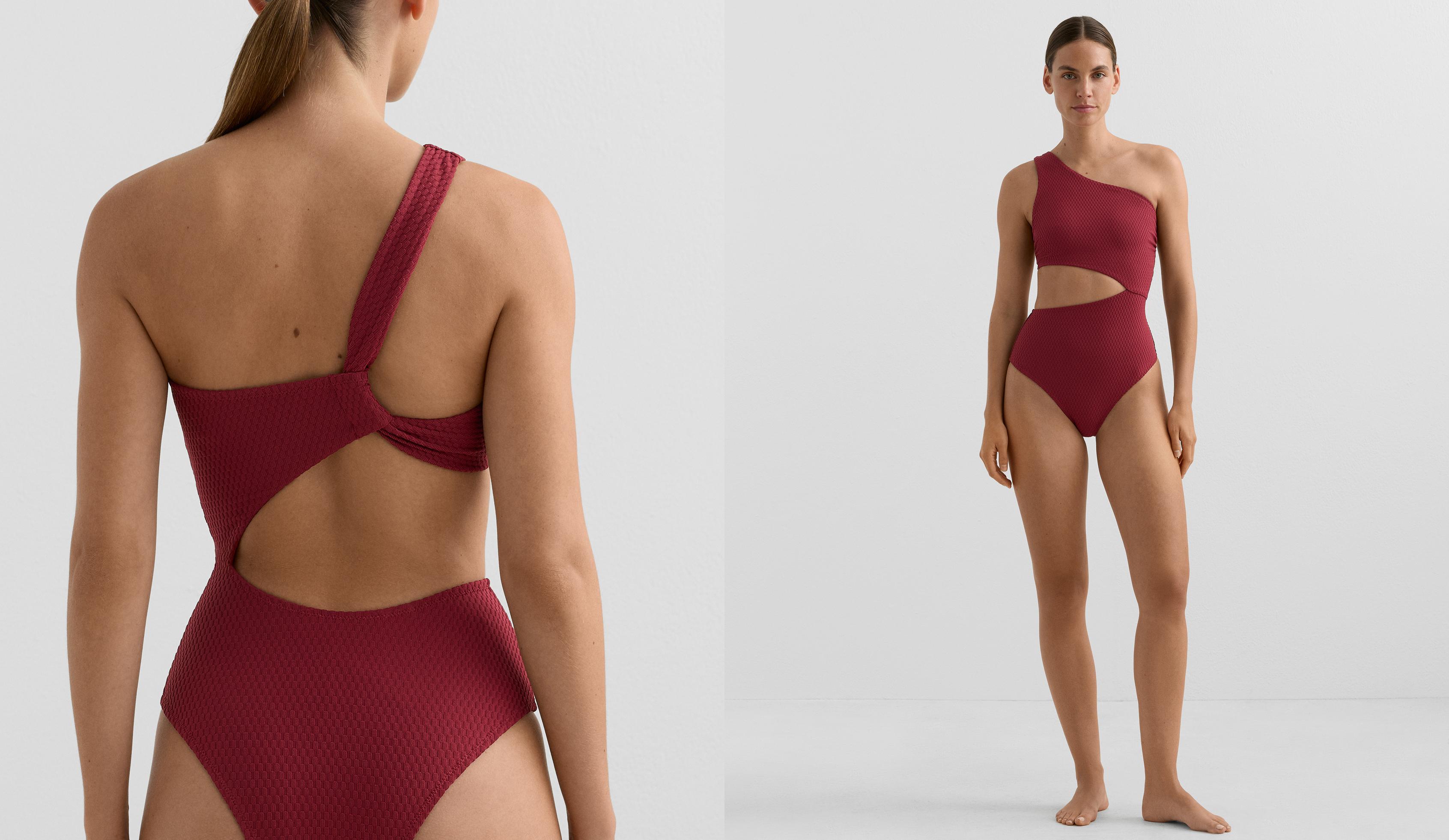 Mini check jacquard asymmetric trikini — PALE PLUM