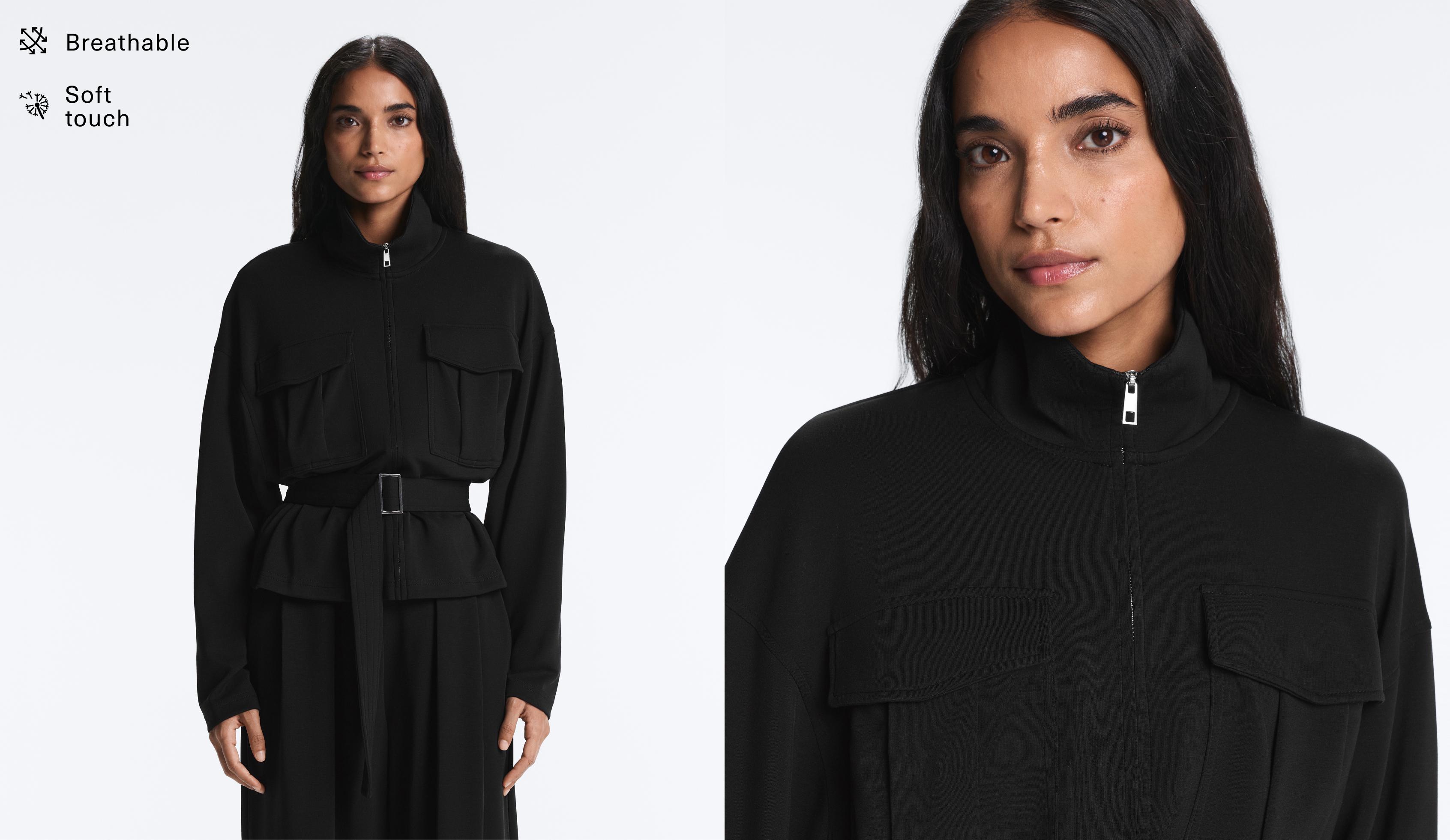 Soft-touch belted jacket with modal — BLACK