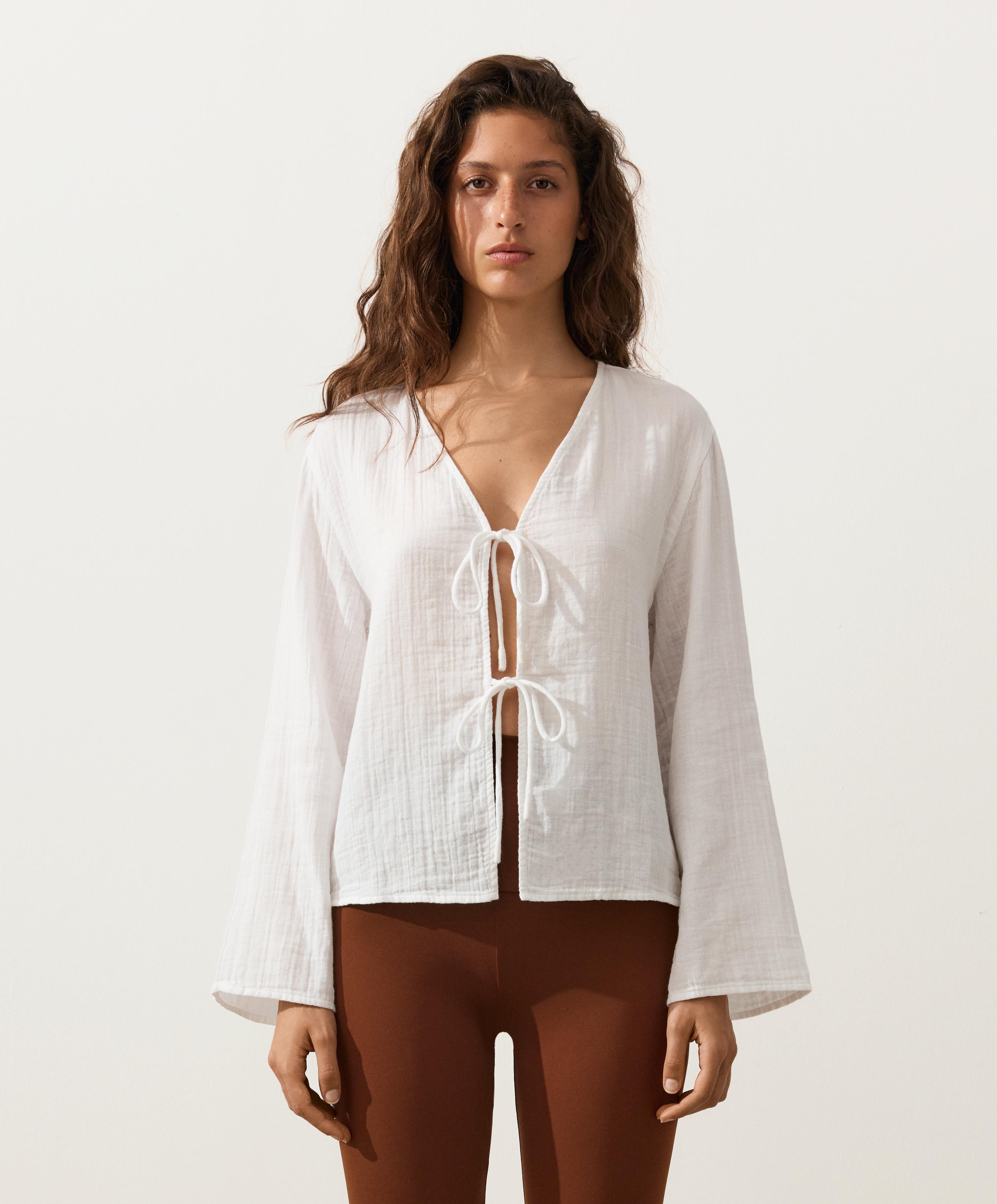 100% cotton gauze long-sleeved tie-front shirt — WHITE