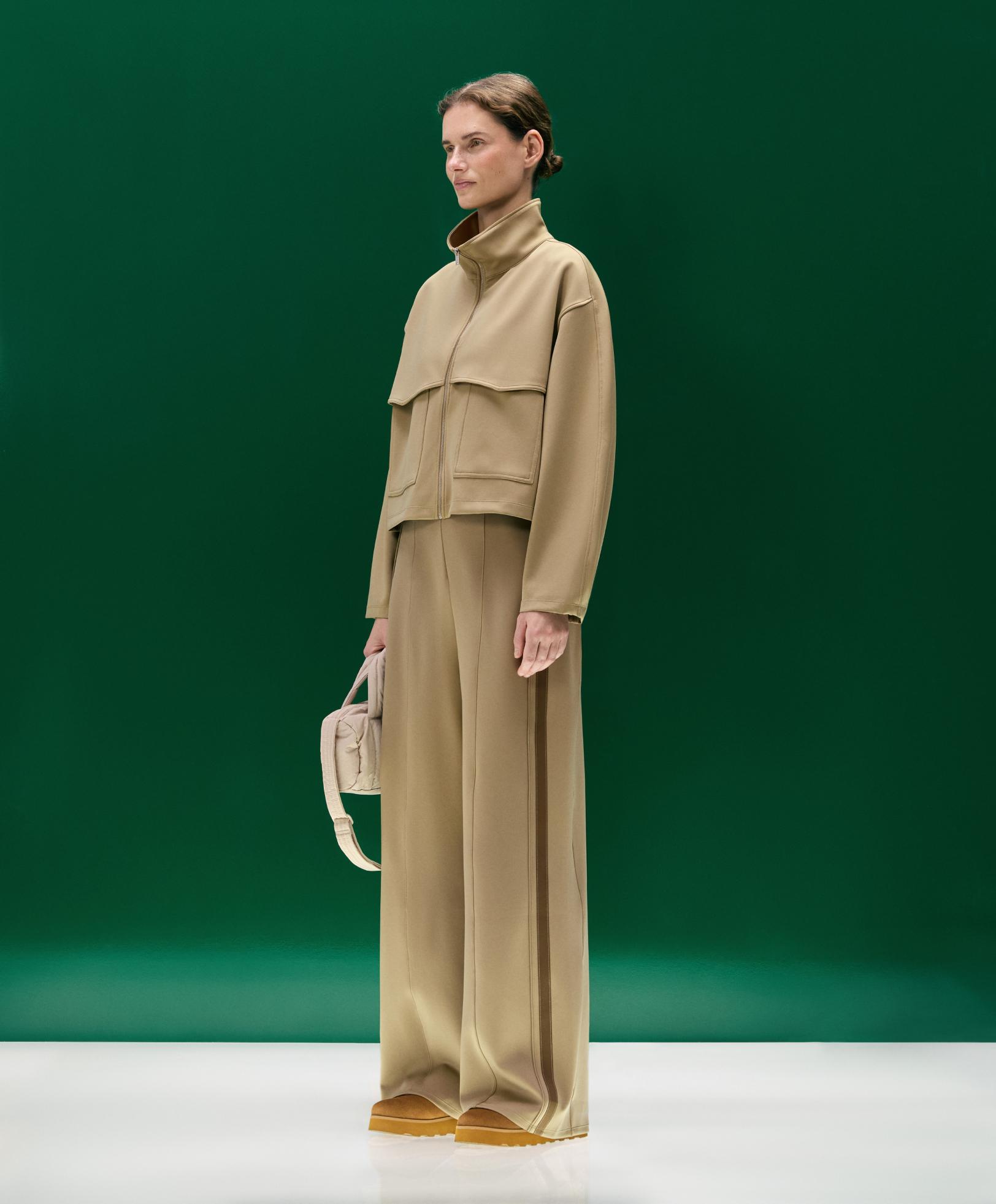 High rise neoprene-effect straight-leg trousers with piping — GREEN BEIGE